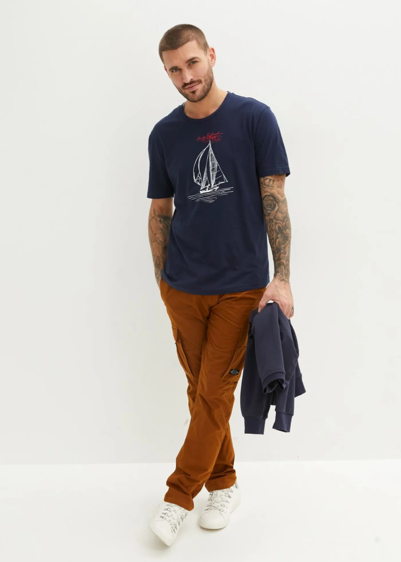 bonprix bonprix Camisetas Y Polos>Camiseta (2 unidades) de algodón orgánico puro azul marino+rojo atardecer