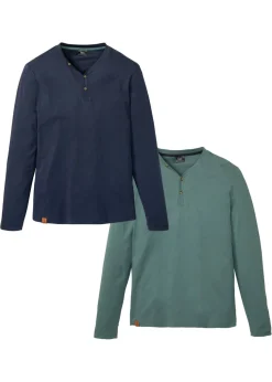 bonprix bonprix Básicos En Rebajas|Camisetas Y Polos>Camiseta (2 unidades) de algodón orgánico puro con manga larga y cuello henley azul marino+verde