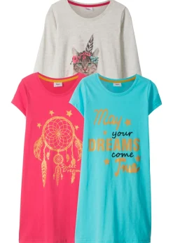 bonprix bonprix Multipack|Niña·Pijamas>Camisón con algodón suave (3 unidades) aqua / crudo moteado / rosa hibisco