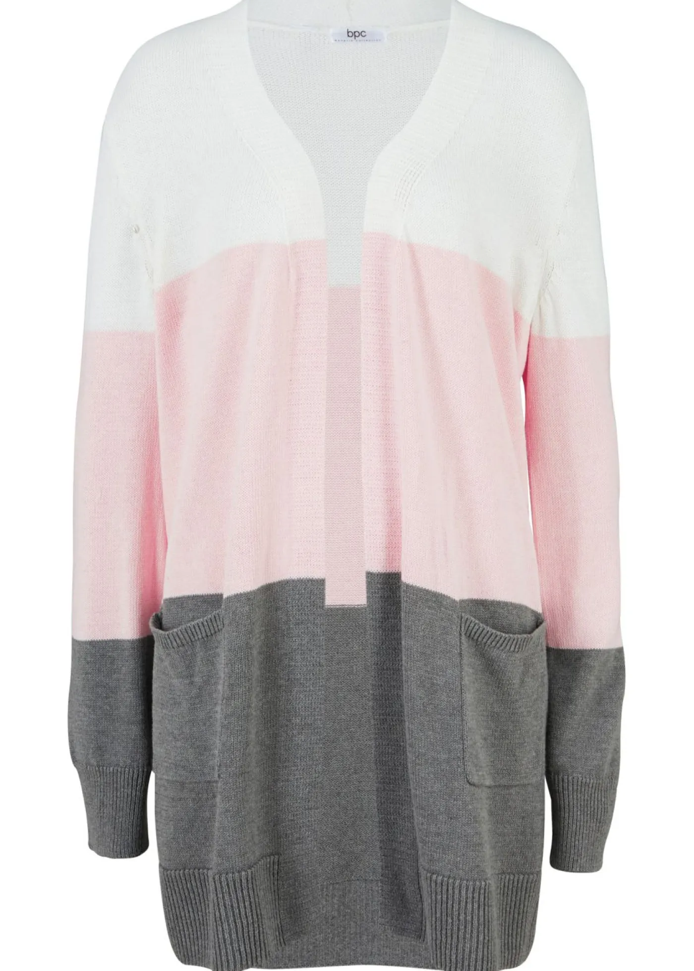 bonprix bonprix Jerséis|Ropa De Punto>Chaqueta ancha de punto con manga larga crema suave/gris moteado/rosa pálido rayas horizontales