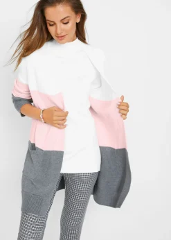 bonprix bonprix Jerséis|Ropa De Punto>Chaqueta ancha de punto con manga larga crema suave/gris moteado/rosa pálido rayas horizontales