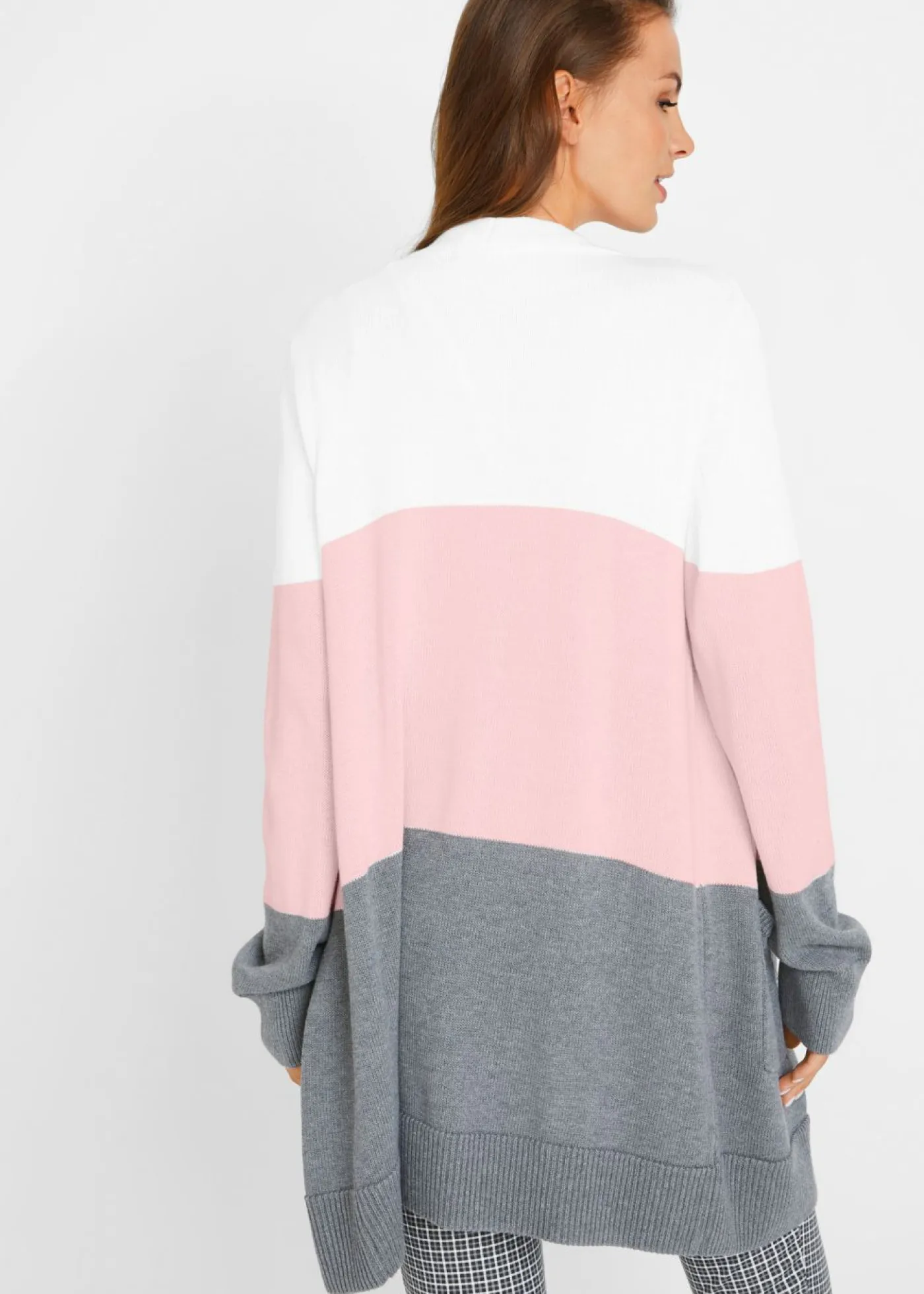 bonprix bonprix Jerséis|Ropa De Punto>Chaqueta ancha de punto con manga larga crema suave/gris moteado/rosa pálido rayas horizontales