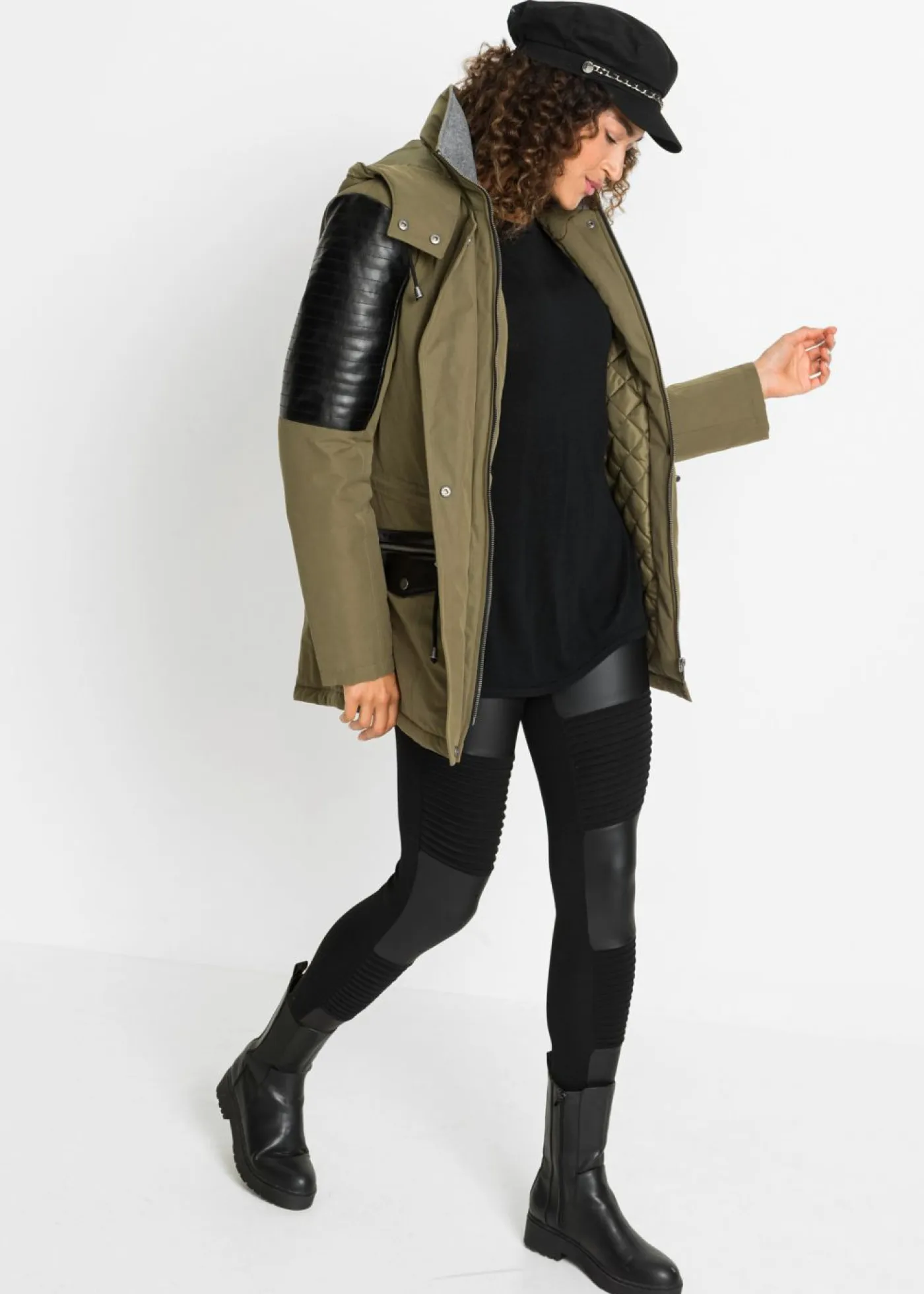 bonprix bonprix Chaquetas Y Abrigos>Chaqueta con insertos de piel sintética Caqui-negro