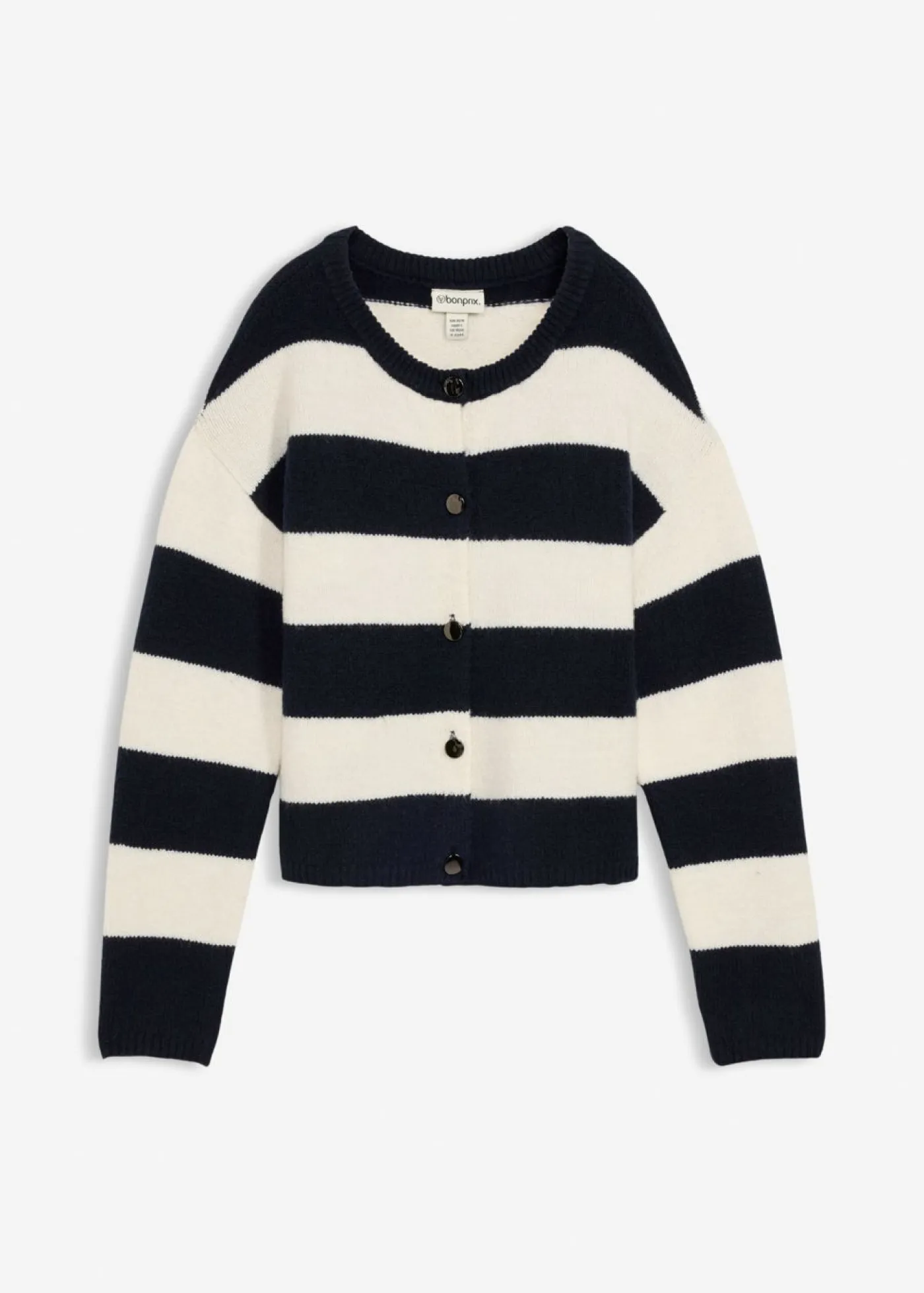 bonprix bonprix Jerséis|Ropa De Punto>Chaqueta corta de punto fino blanco lana-azul marino rayas horizontales