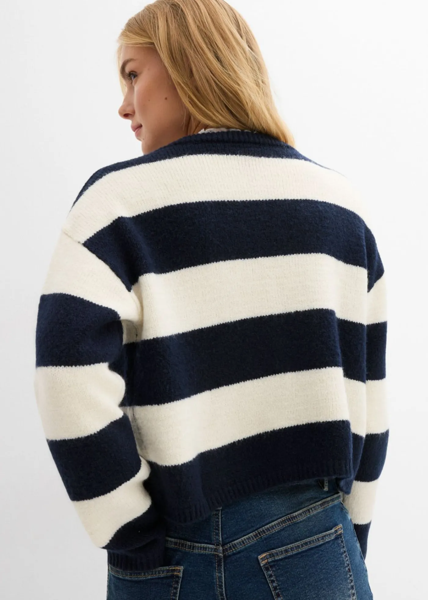 bonprix bonprix Jerséis|Ropa De Punto>Chaqueta corta de punto fino blanco lana-azul marino rayas horizontales