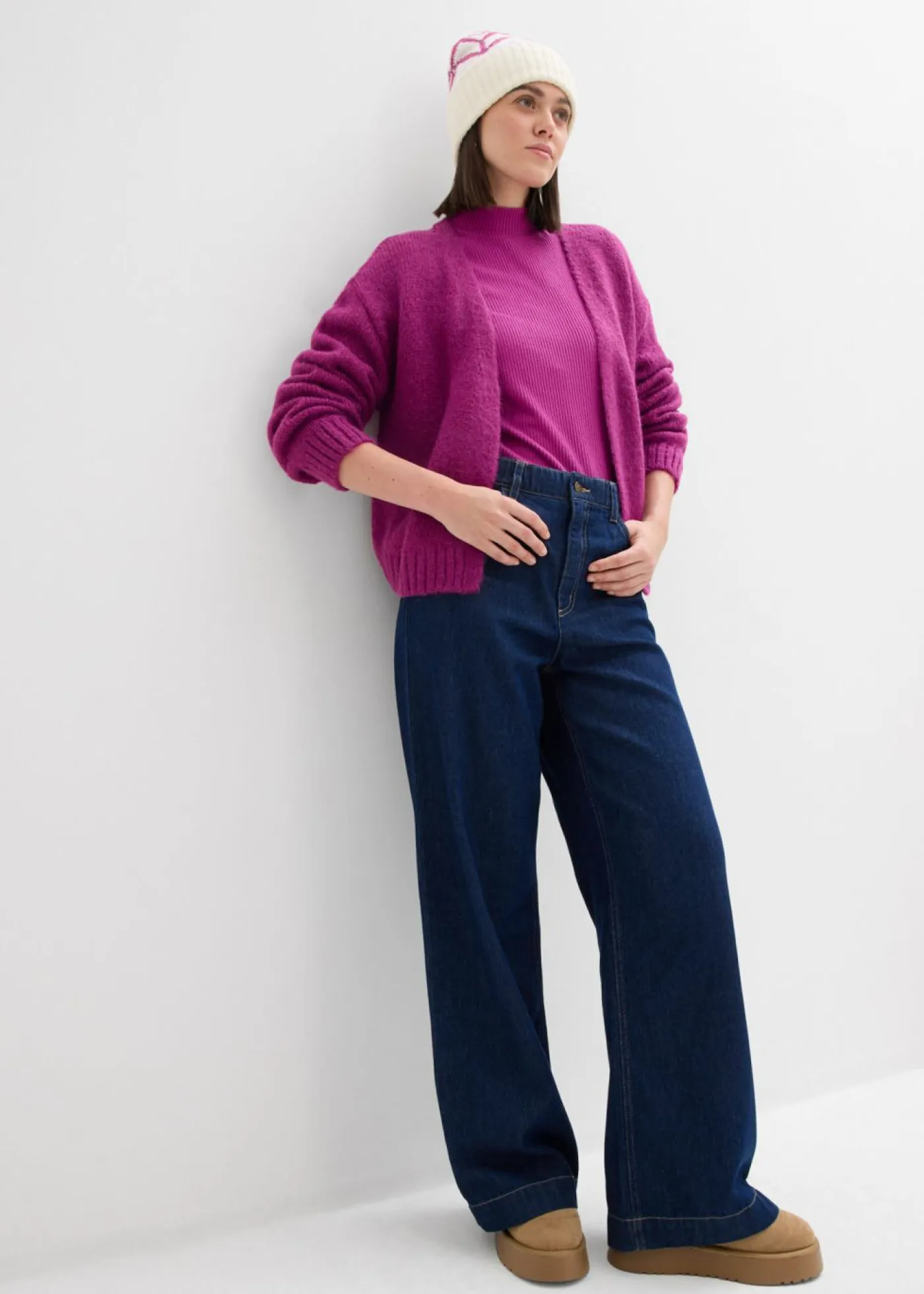 bonprix bonprix Jerséis|Ropa De Punto>Chaqueta corta de punto grueso con corte holgado Fucsia oscuro