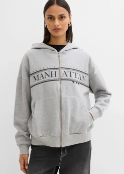 bonprix bonprix Ropa Cómoda>Chaqueta de chándal ancha con capucha de algodón orgánico puro Gris claro jaspeado