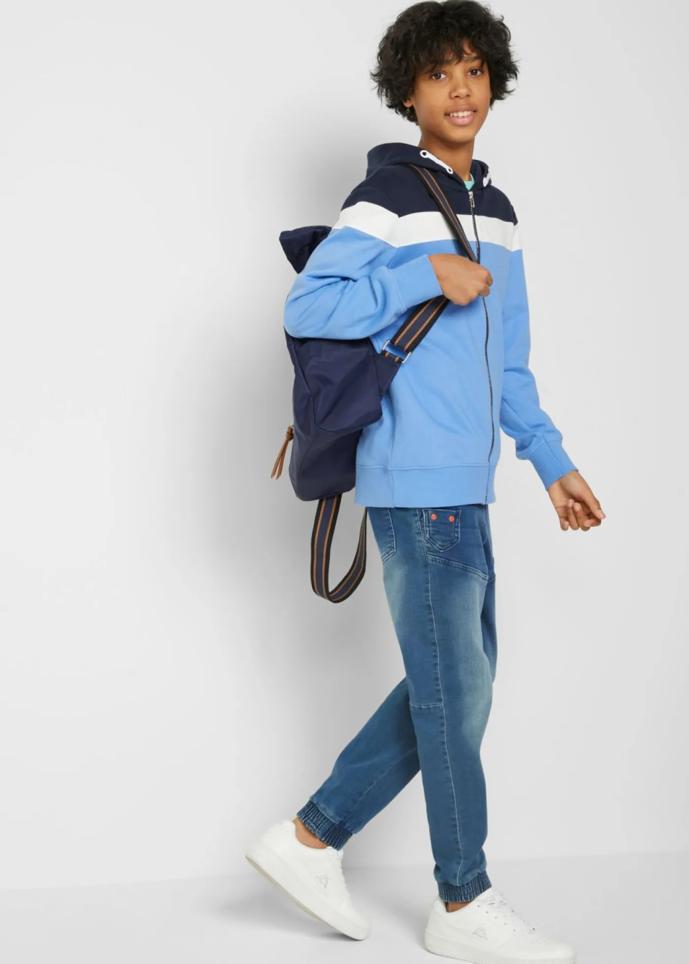 bonprix bonprix Ropa 9 A 16 Años·Sudaderas Y Jerséis>Chaqueta de chándal con capucha en suave mezcla de algodón azul marino/blanco lana/azul provenzal