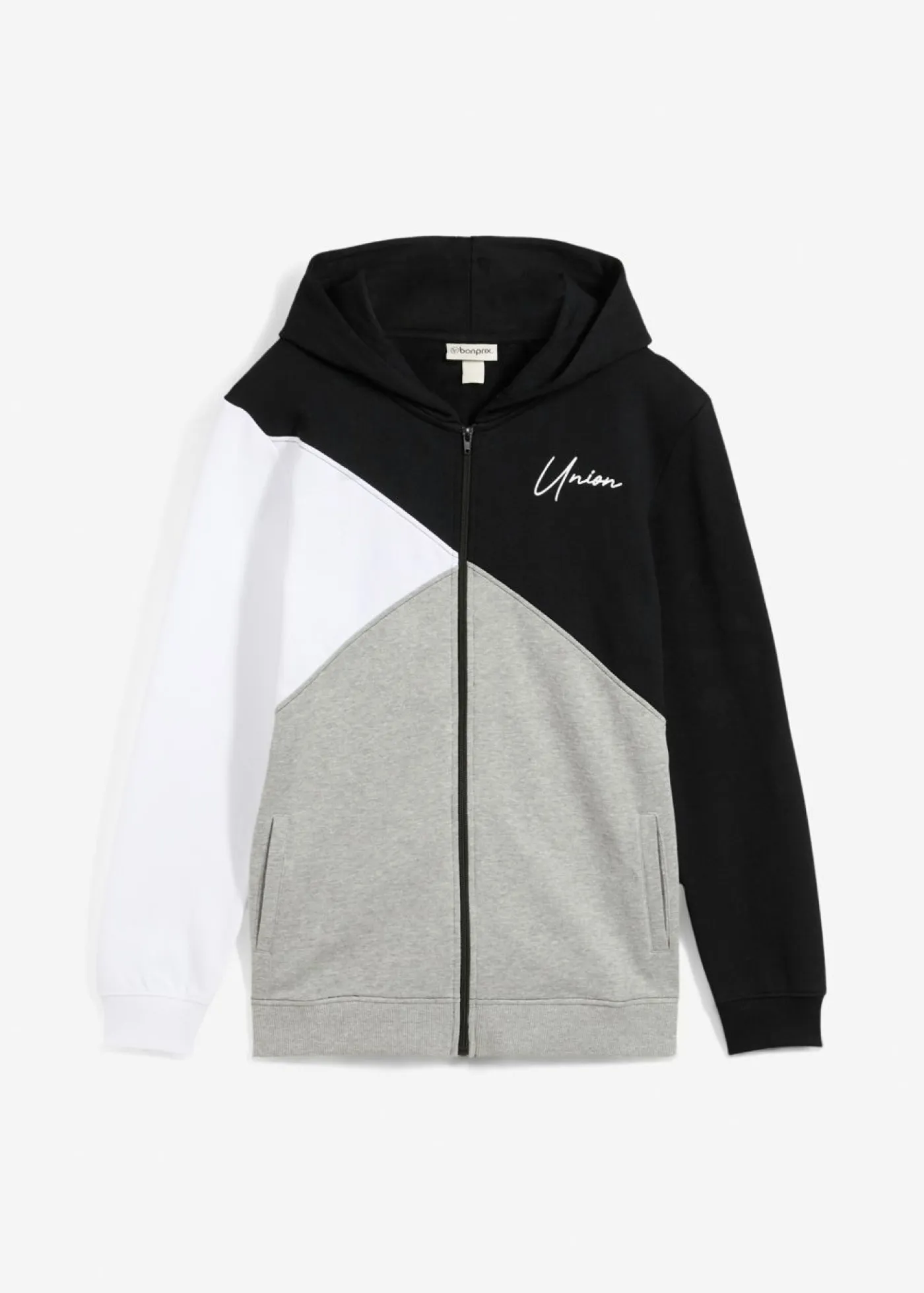 bonprix bonprix Ropa 9 A 16 Años·Sudaderas Y Jerséis>Chaqueta de chándal de algodón orgánico puro con capucha y corte holgado Negro-blanco-gris claro jaspeado