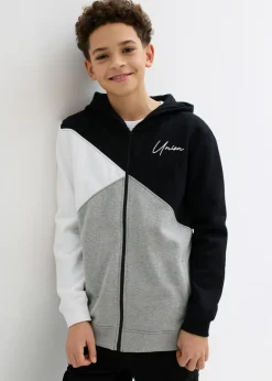 bonprix bonprix Ropa 9 A 16 Años·Sudaderas Y Jerséis>Chaqueta de chándal de algodón orgánico puro con capucha y corte holgado Negro-blanco-gris claro jaspeado