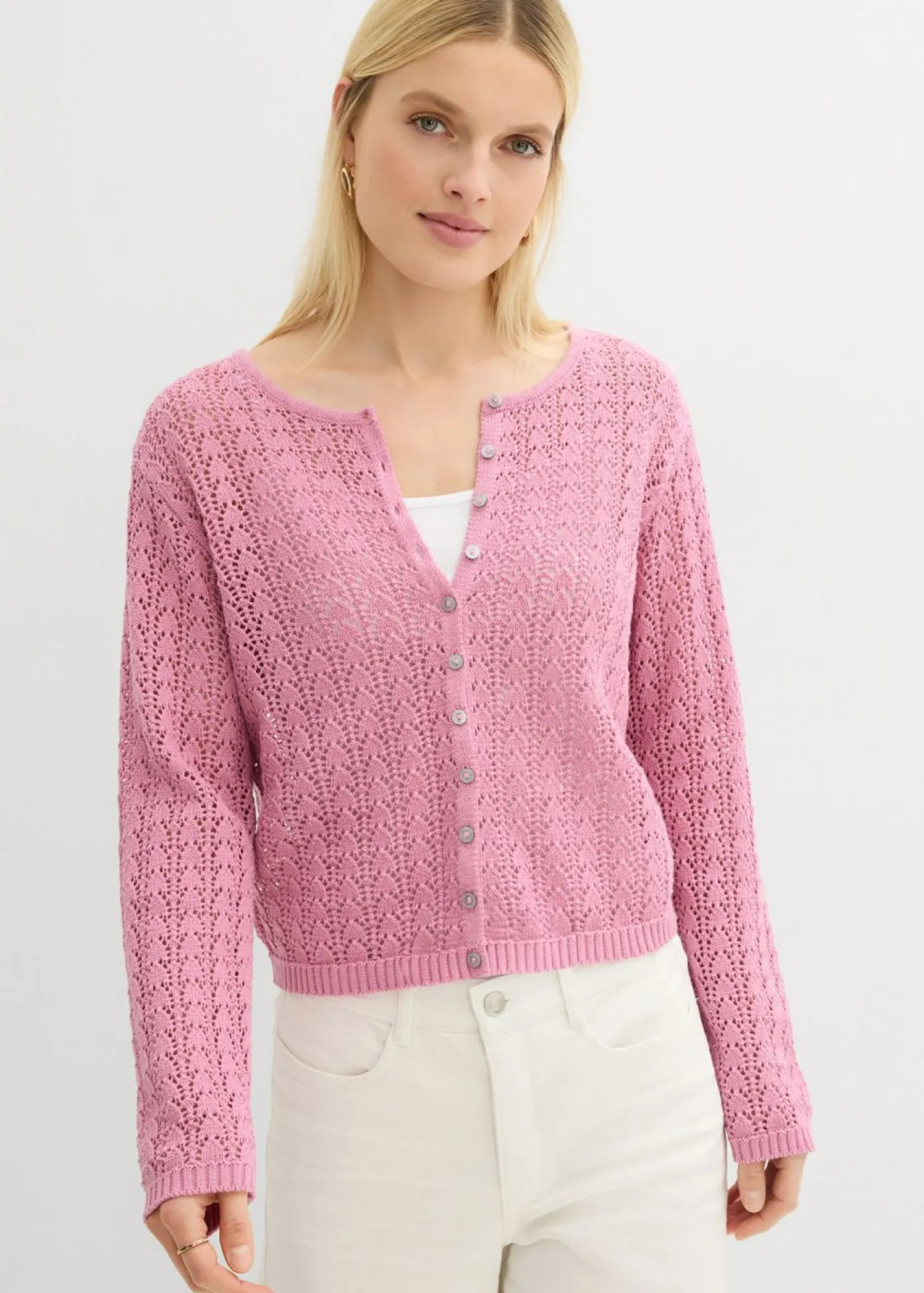bonprix bonprix Jerséis|Novedades>Chaqueta de punto ajour de algodón puro Malva