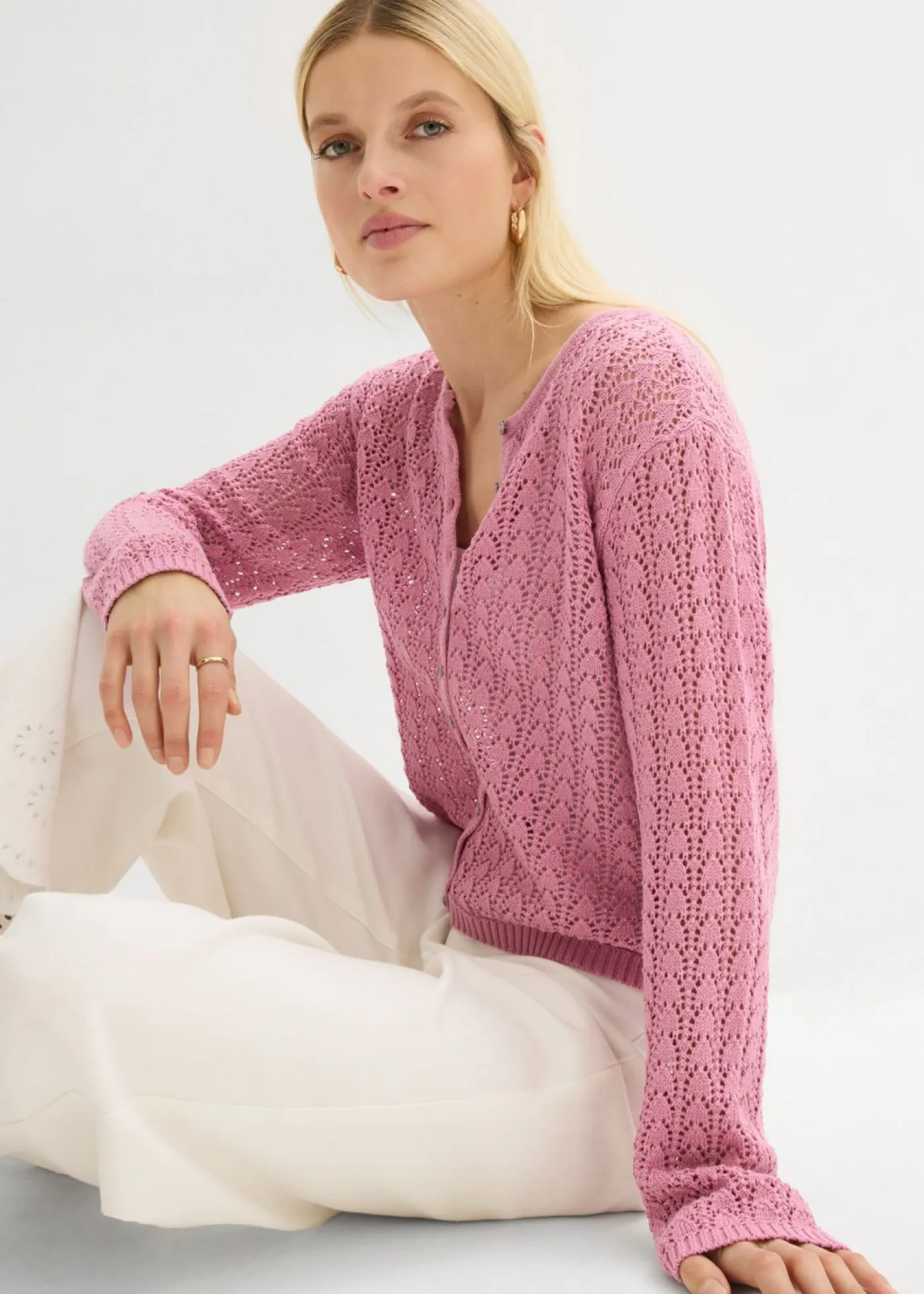 bonprix bonprix Jerséis|Novedades>Chaqueta de punto ajour de algodón puro Malva