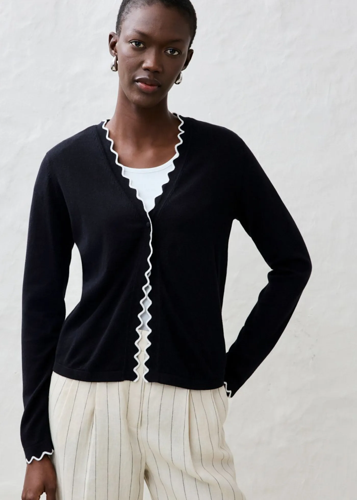 bonprix bonprix Premium|Jerséis>Chaqueta de punto con contenido de seda Negro-blanco lana