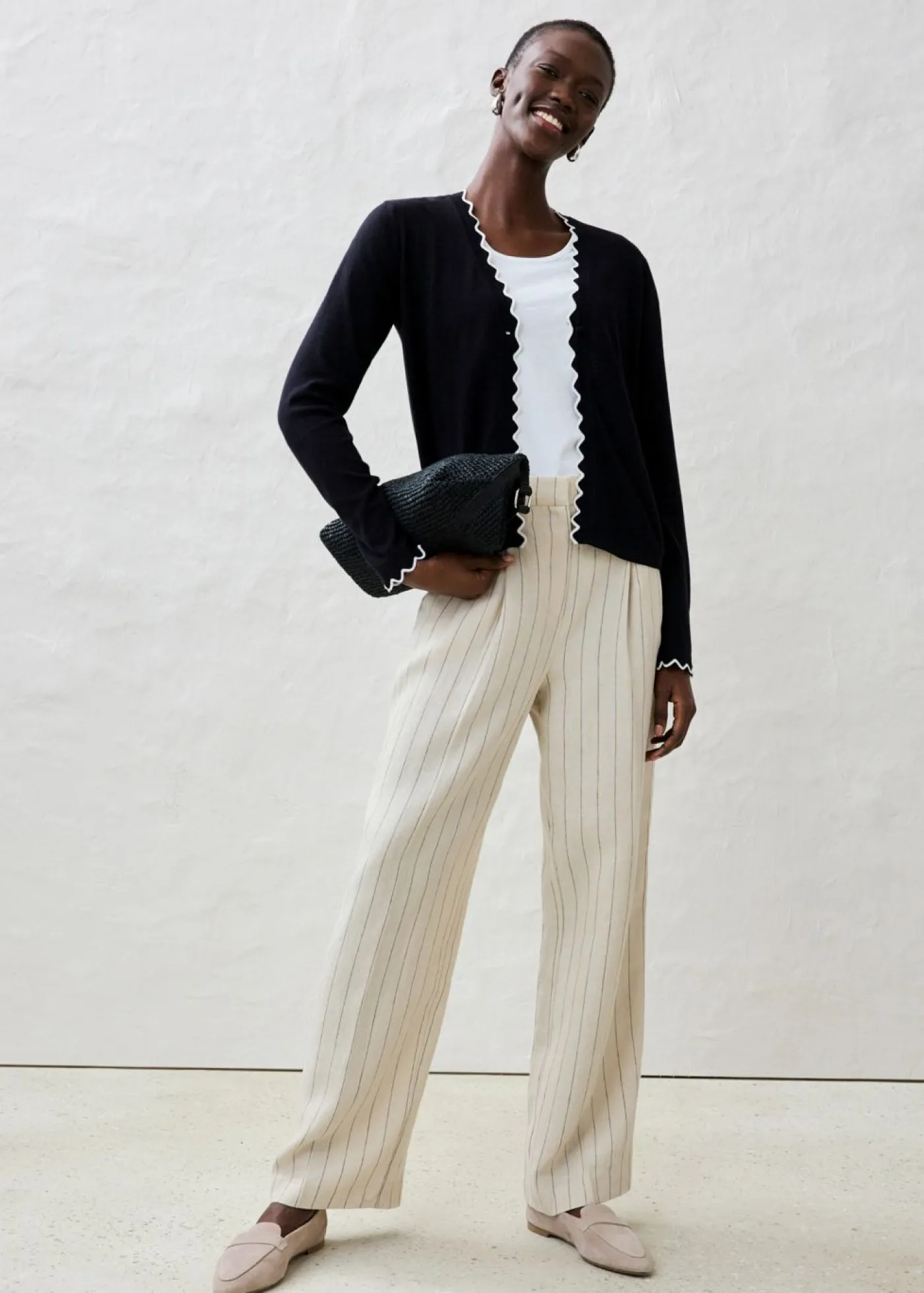 bonprix bonprix Premium|Jerséis>Chaqueta de punto con contenido de seda Negro-blanco lana