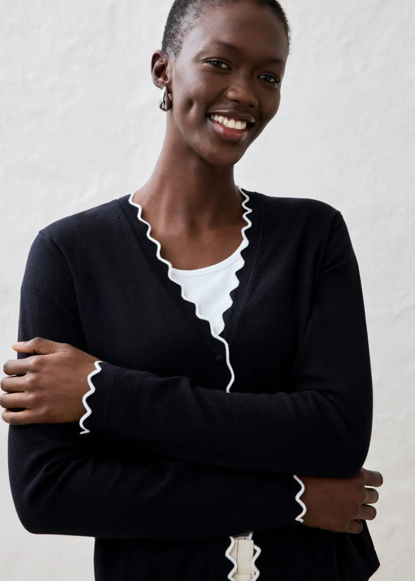 bonprix bonprix Premium|Jerséis>Chaqueta de punto con contenido de seda Negro-blanco lana