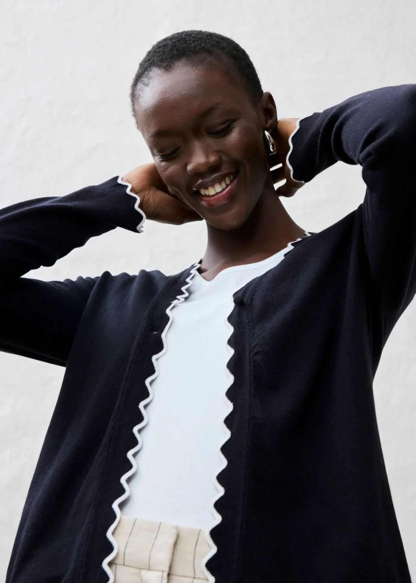 bonprix bonprix Premium|Jerséis>Chaqueta de punto con contenido de seda Negro-blanco lana