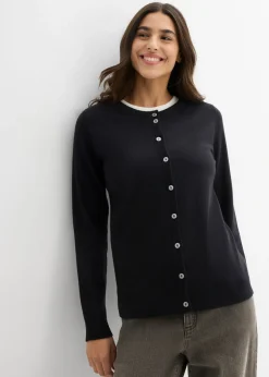 bonprix bonprix Básicos|Jerséis>Chaqueta de punto con cuello redondo Negro