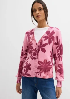 bonprix bonprix Jerséis|Ropa De Punto>Chaqueta de punto con estampado de flores orquídea ahumado-rojo rubí