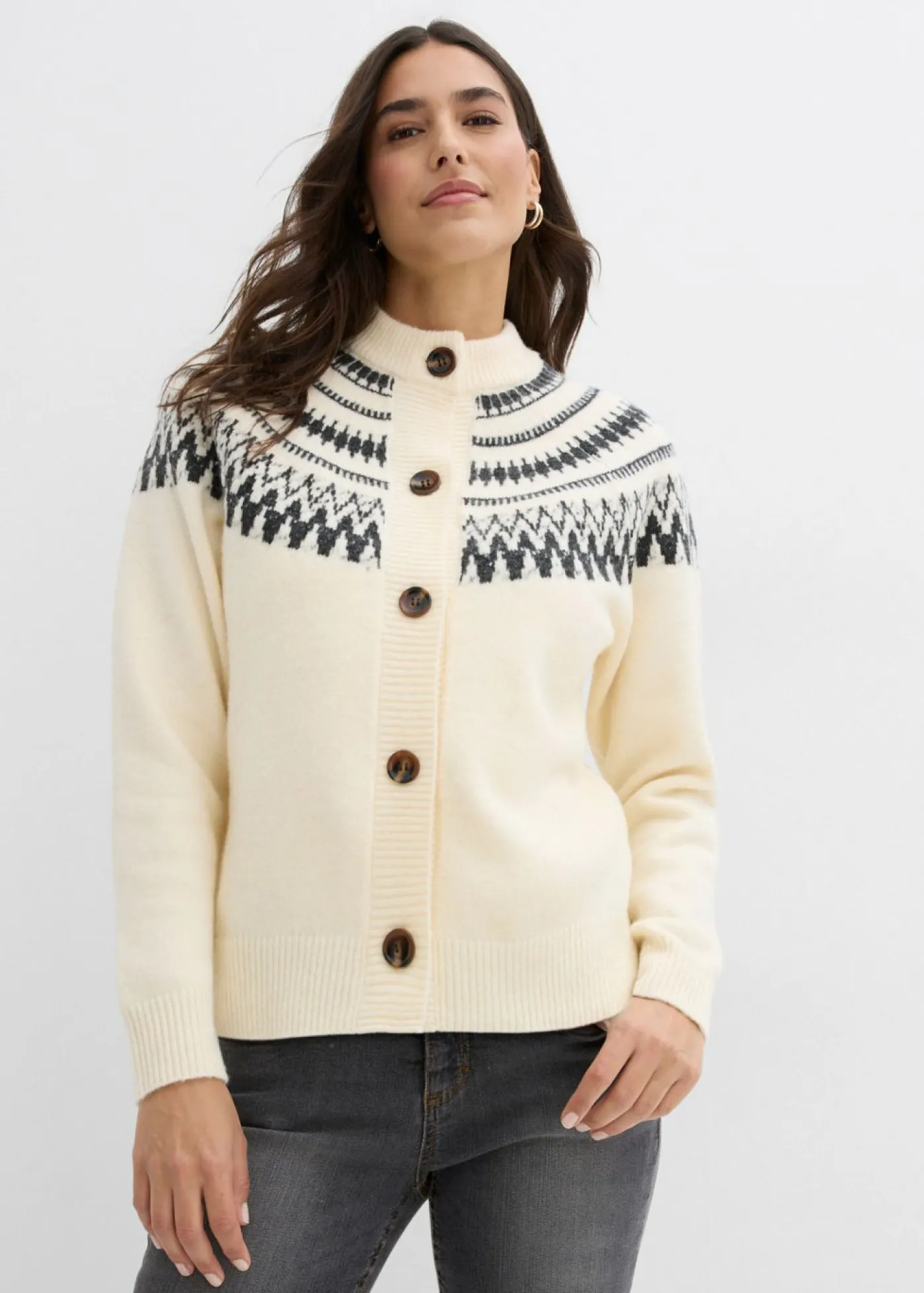 bonprix bonprix Jerséis>Chaqueta de punto con patrón nórdico Beige natural