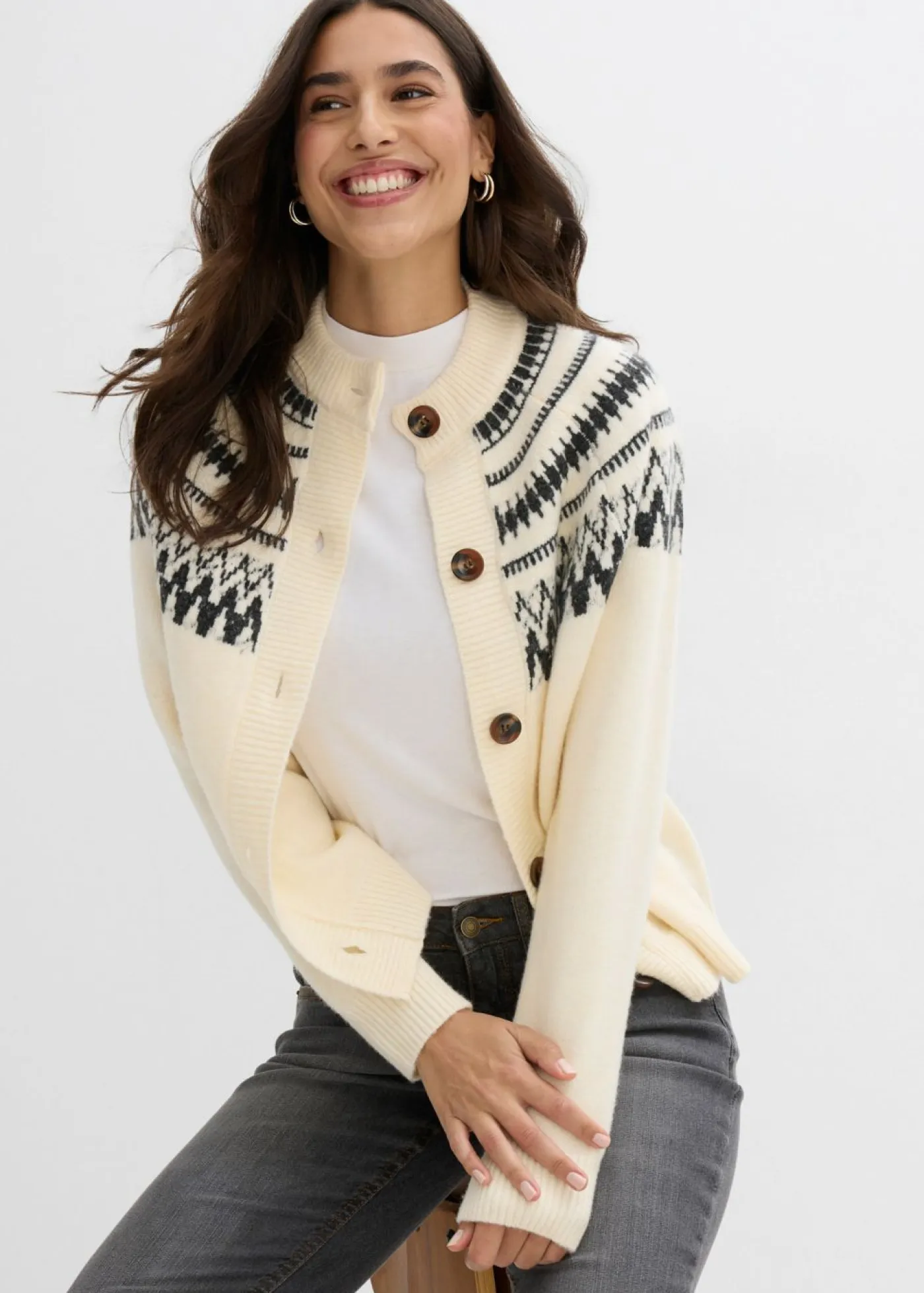 bonprix bonprix Jerséis>Chaqueta de punto con patrón nórdico Beige natural