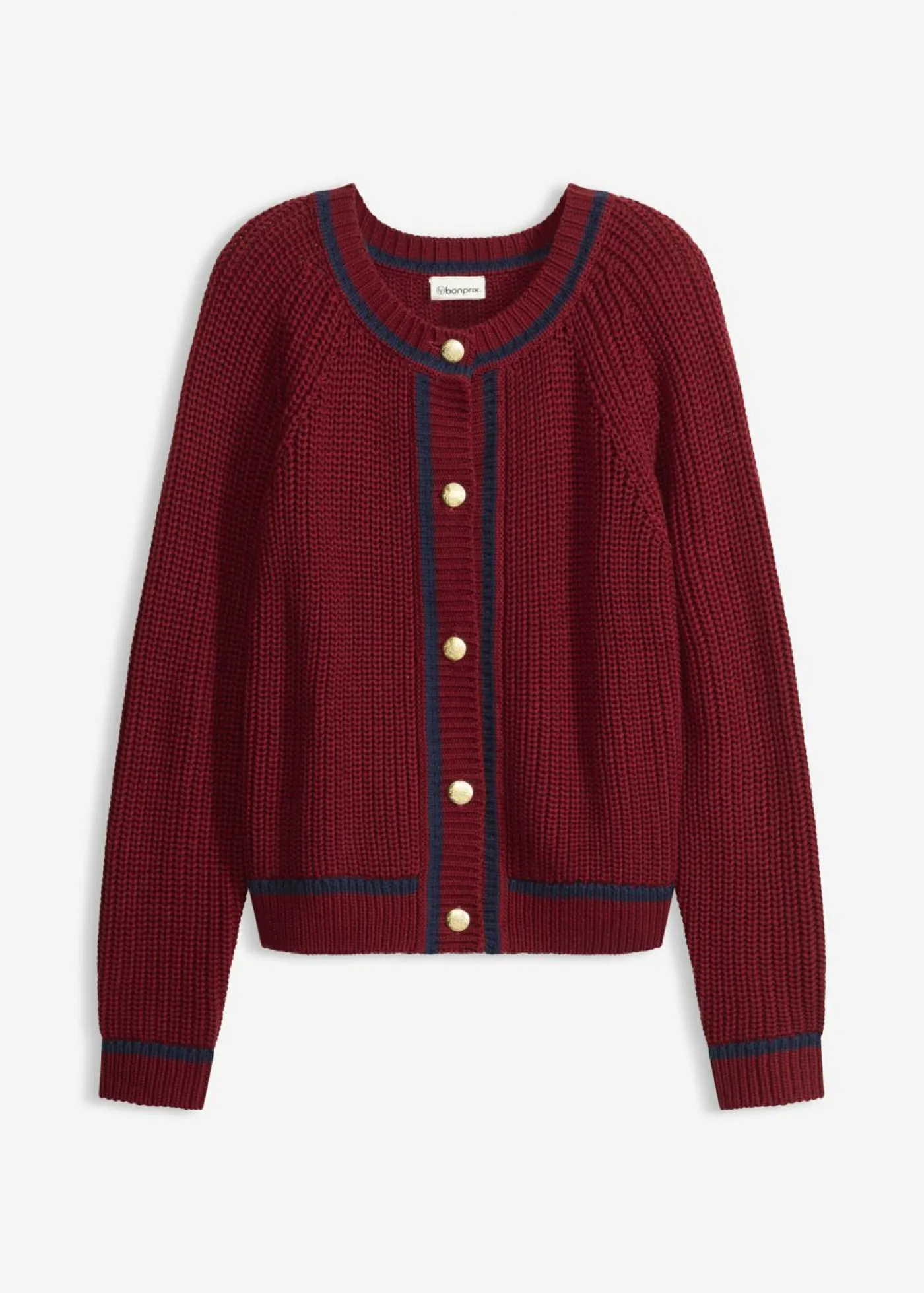 bonprix bonprix Jerséis|Ropa De Punto>Chaqueta de punto con rayas en contraste rojo rubí-azul marino