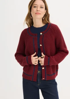 bonprix bonprix Jerséis|Ropa De Punto>Chaqueta de punto con rayas en contraste rojo rubí-azul marino