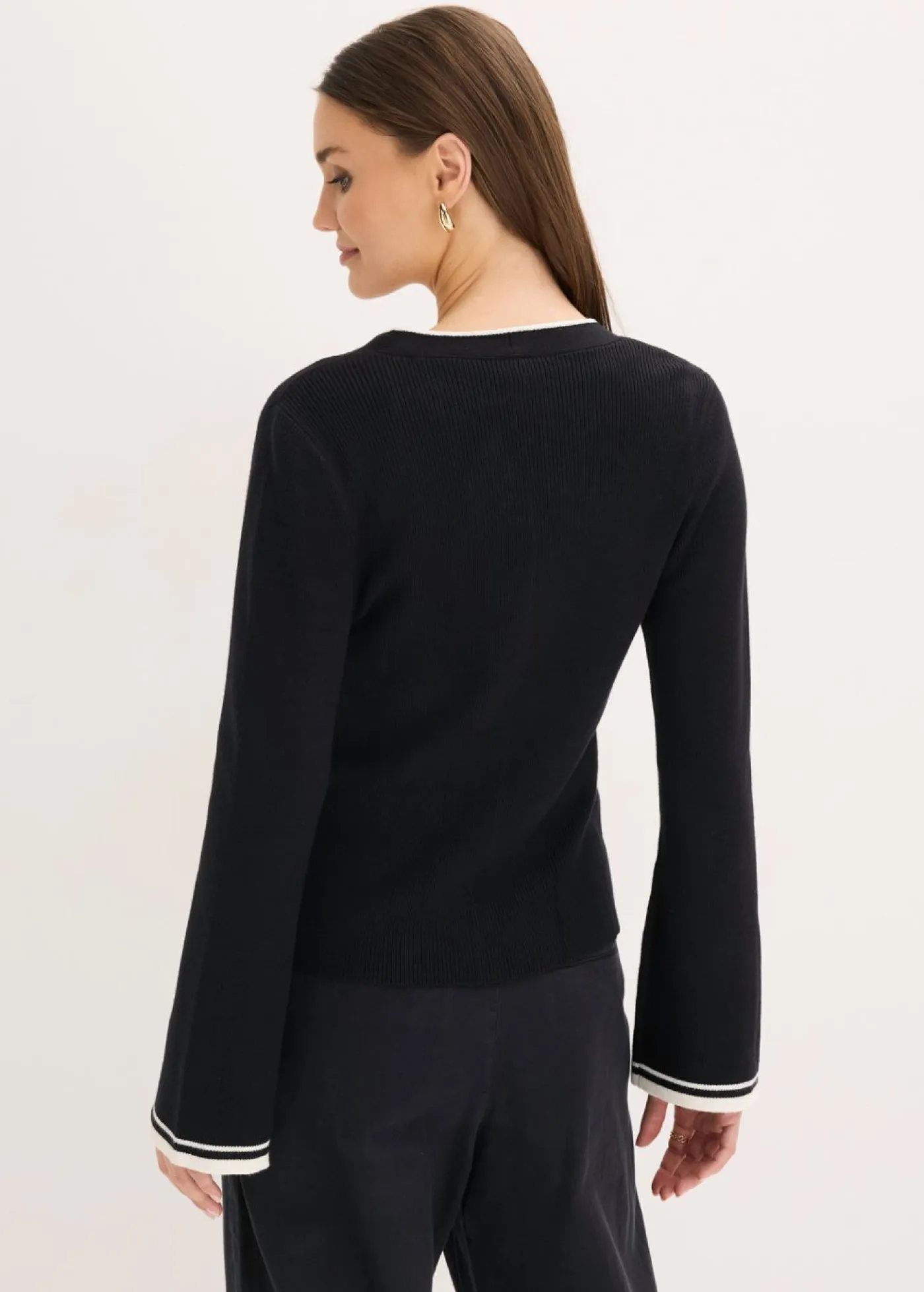 bonprix bonprix Jerséis|Ropa De Punto>Chaqueta de punto de canalé de mezcla de viscosa Negro-blanco lana