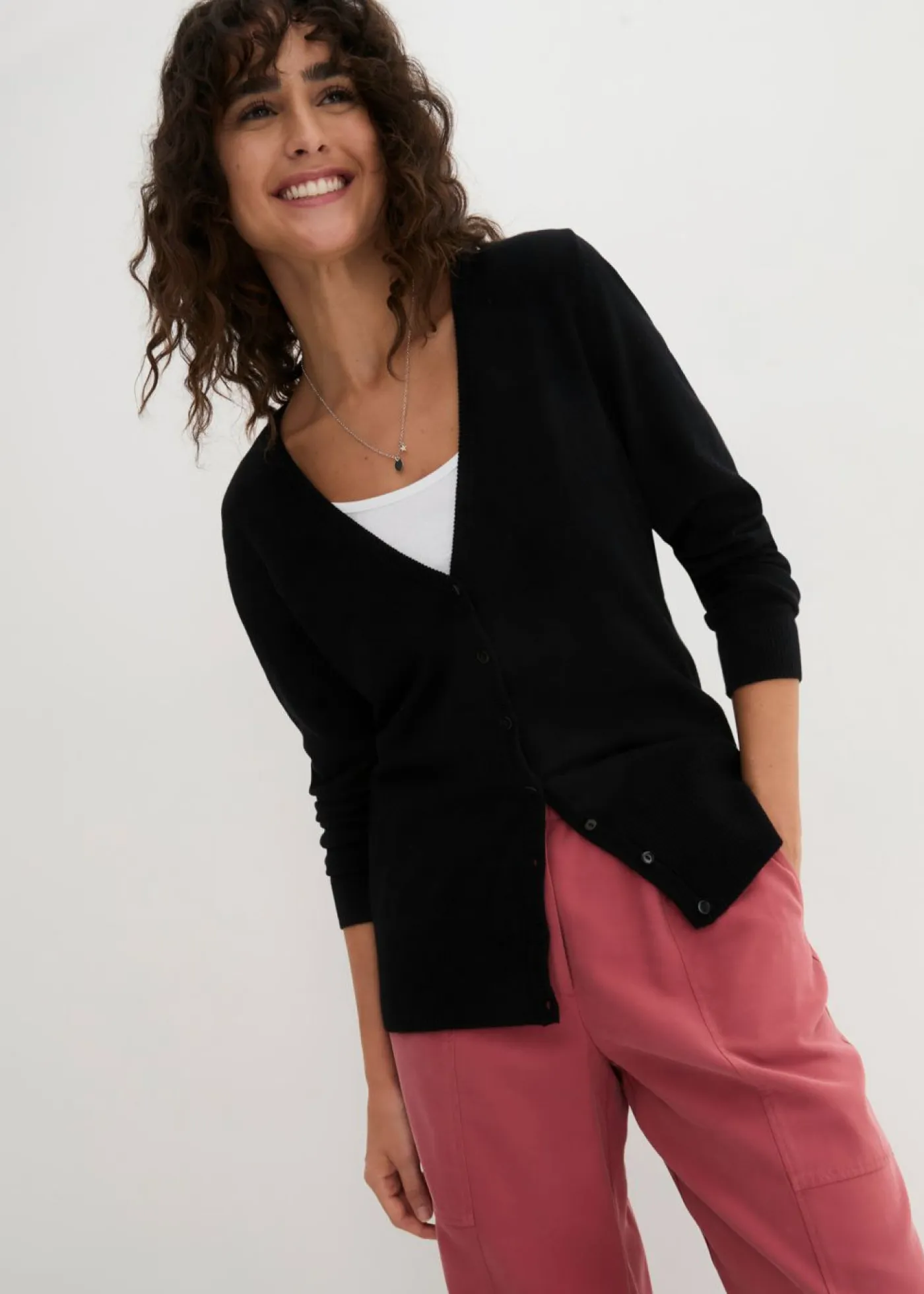 bonprix bonprix Básicos|Jerséis>Chaqueta de punto fino con botones Negro