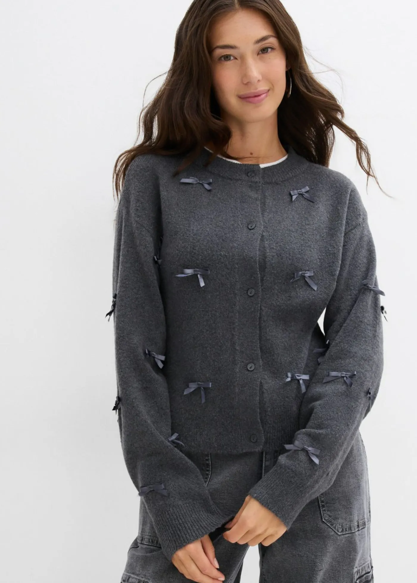 bonprix bonprix Jerséis|Ropa De Punto>Chaqueta de punto fino con lazos antracita moteado