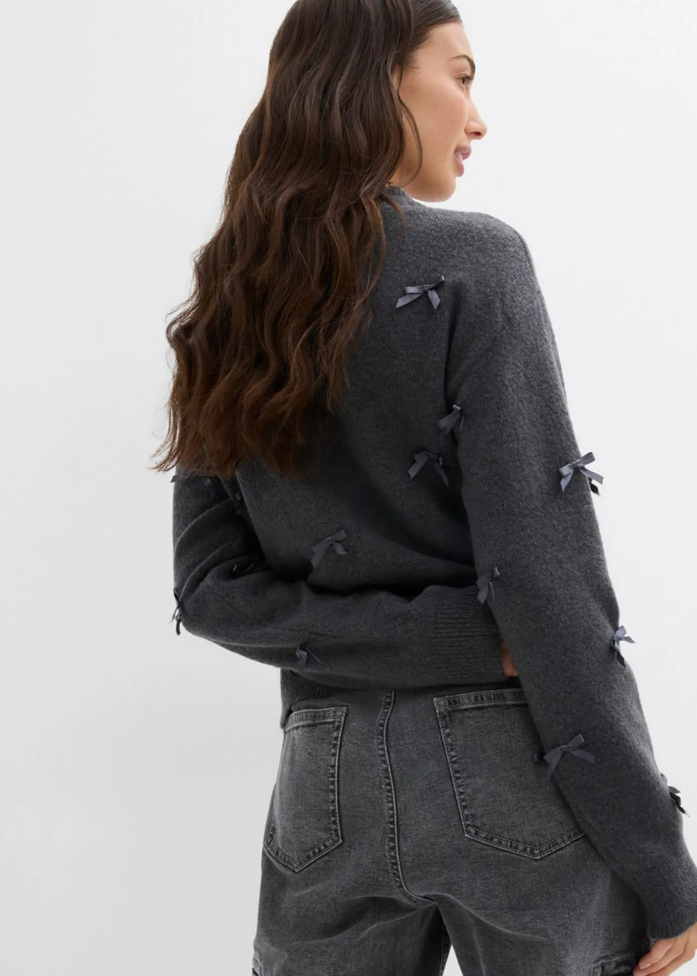 bonprix bonprix Jerséis|Ropa De Punto>Chaqueta de punto fino con lazos antracita moteado