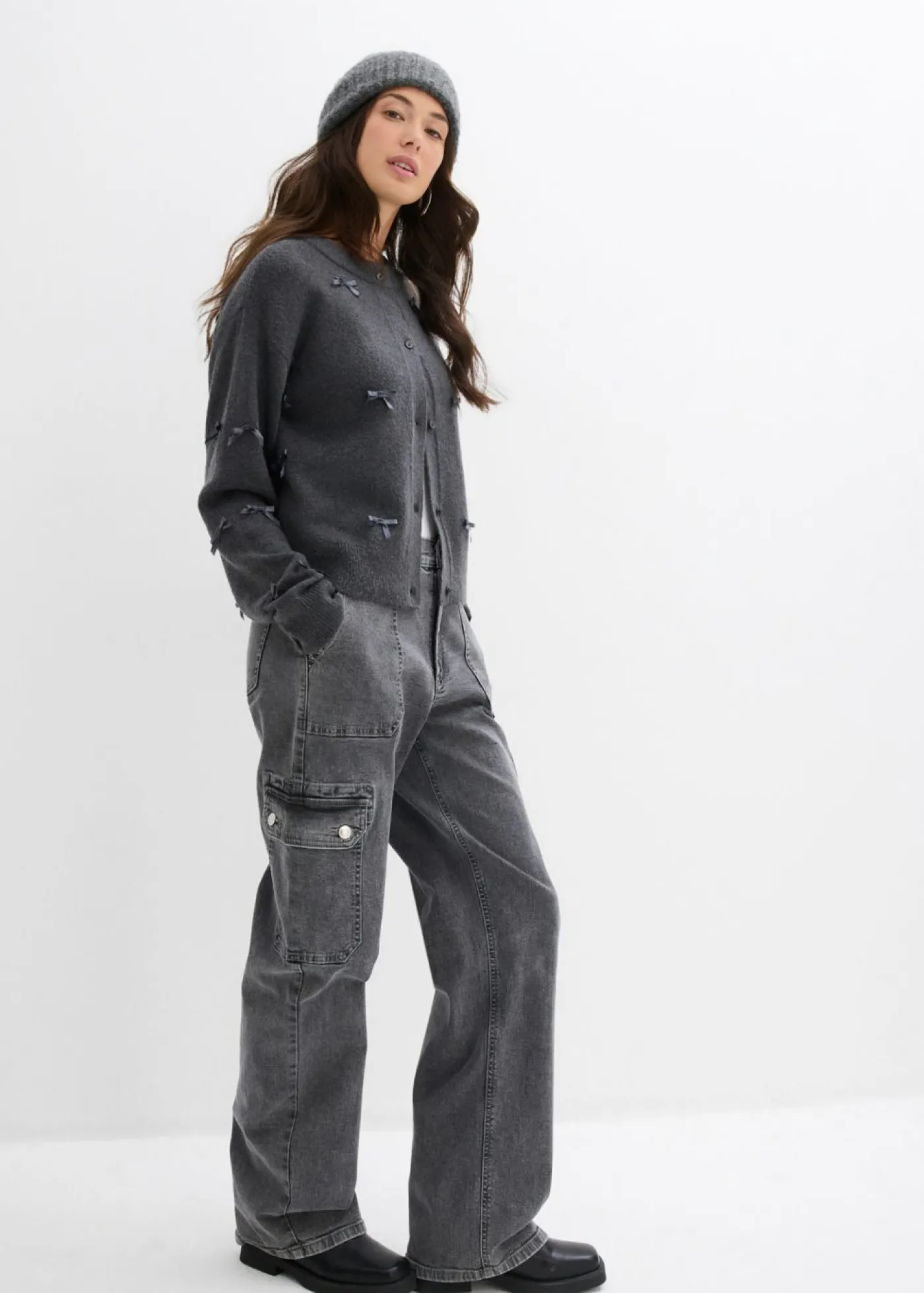 bonprix bonprix Jerséis|Ropa De Punto>Chaqueta de punto fino con lazos antracita moteado