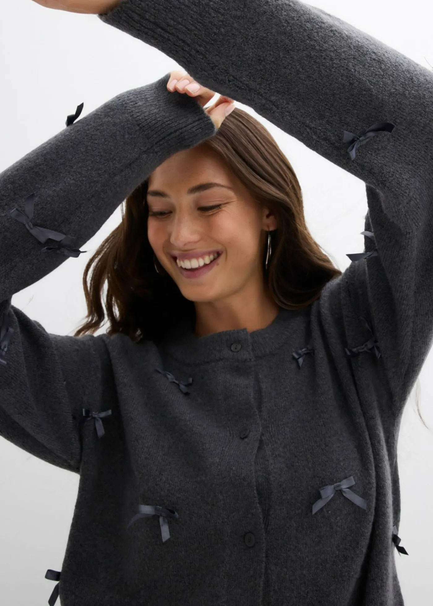 bonprix bonprix Jerséis|Ropa De Punto>Chaqueta de punto fino con lazos antracita moteado