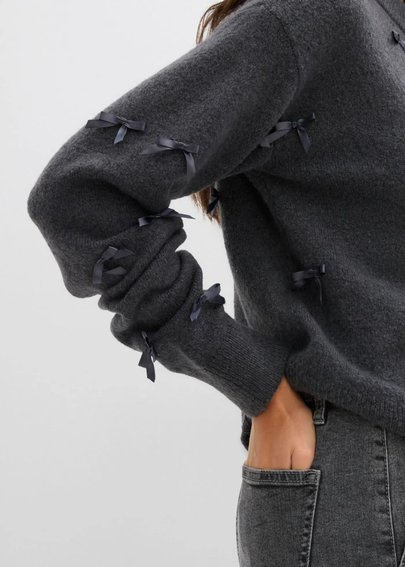 bonprix bonprix Jerséis|Ropa De Punto>Chaqueta de punto fino con lazos antracita moteado