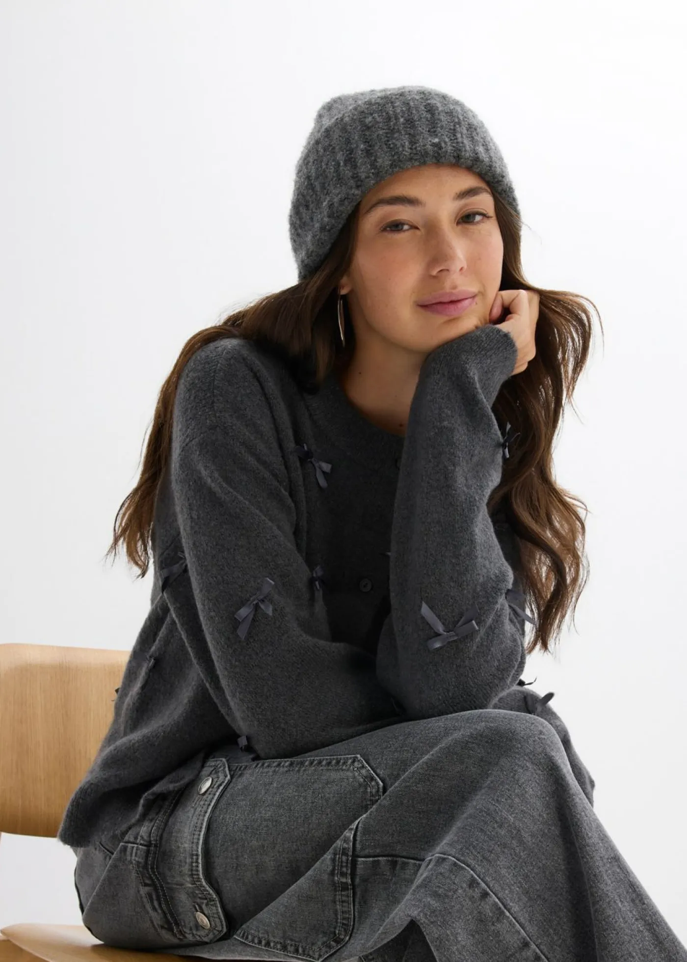 bonprix bonprix Jerséis|Ropa De Punto>Chaqueta de punto fino con lazos antracita moteado