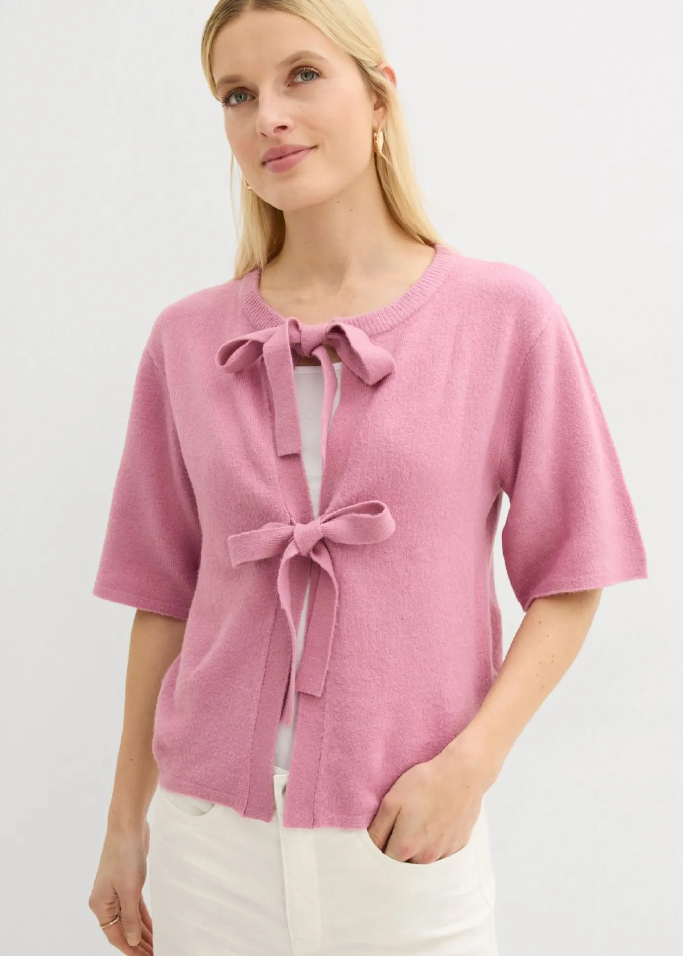 bonprix bonprix Jerséis|Novedades>Chaqueta de punto fino con lazo Malva