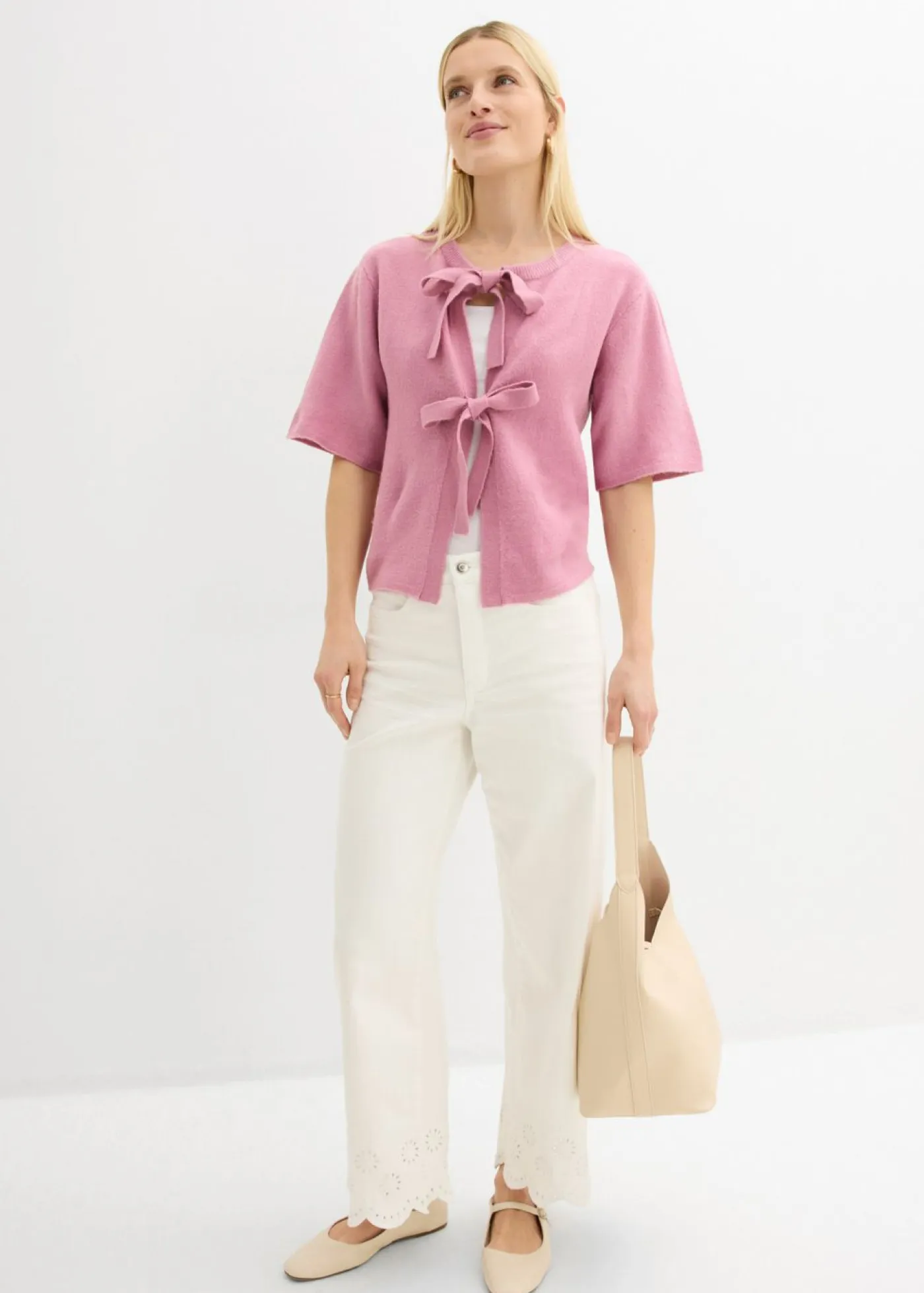 bonprix bonprix Jerséis|Novedades>Chaqueta de punto fino con lazo Malva