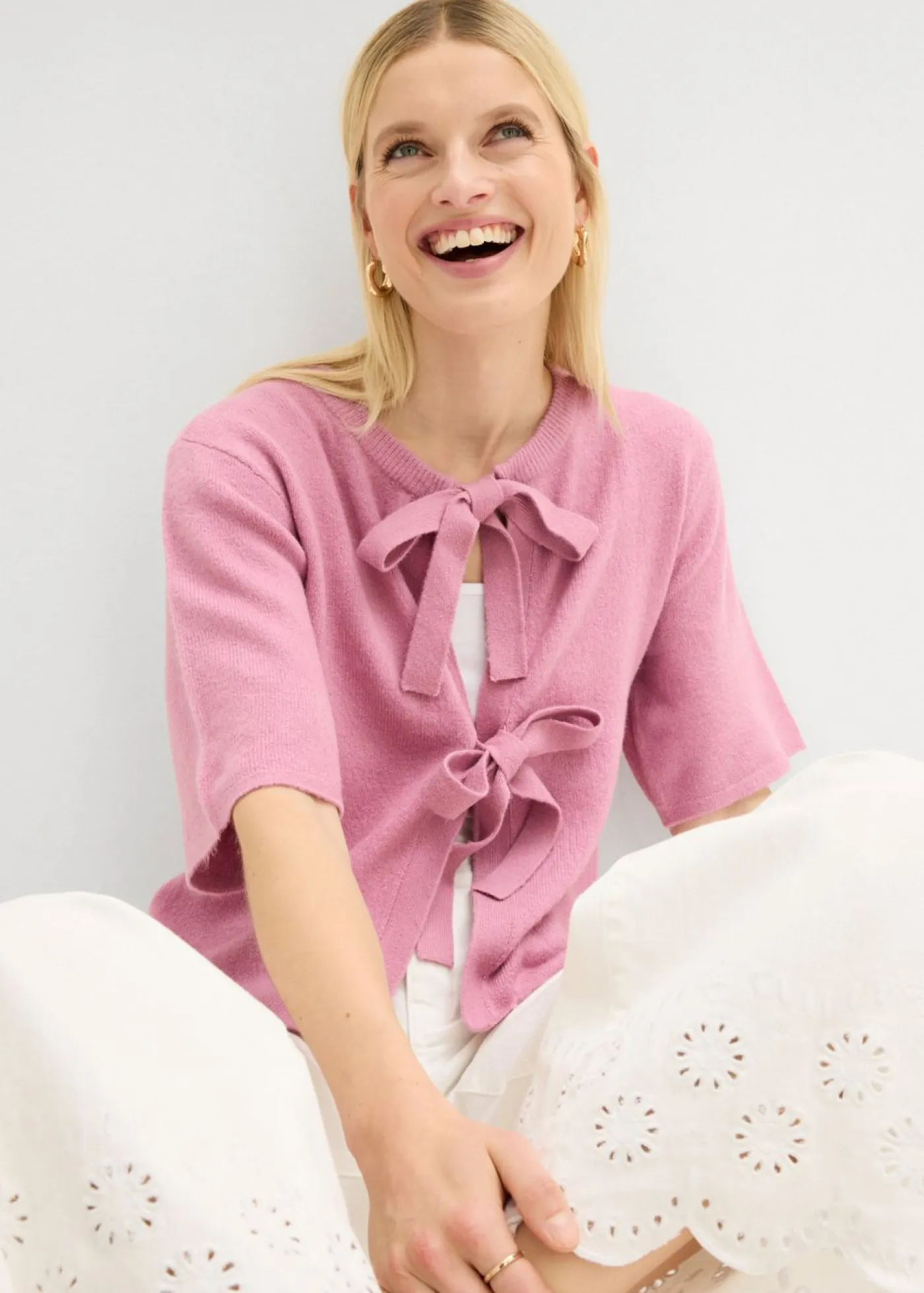 bonprix bonprix Jerséis|Novedades>Chaqueta de punto fino con lazo Malva