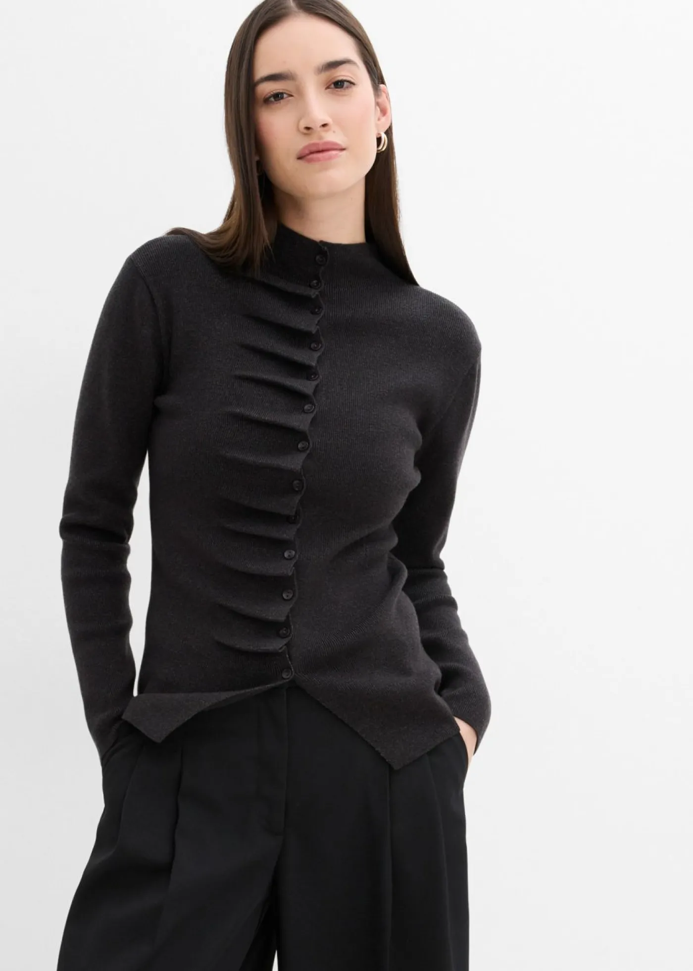 bonprix bonprix Esenciales|Jerséis>Chaqueta de punto fino de mezcla de viscosa suave Antracita jaspeado