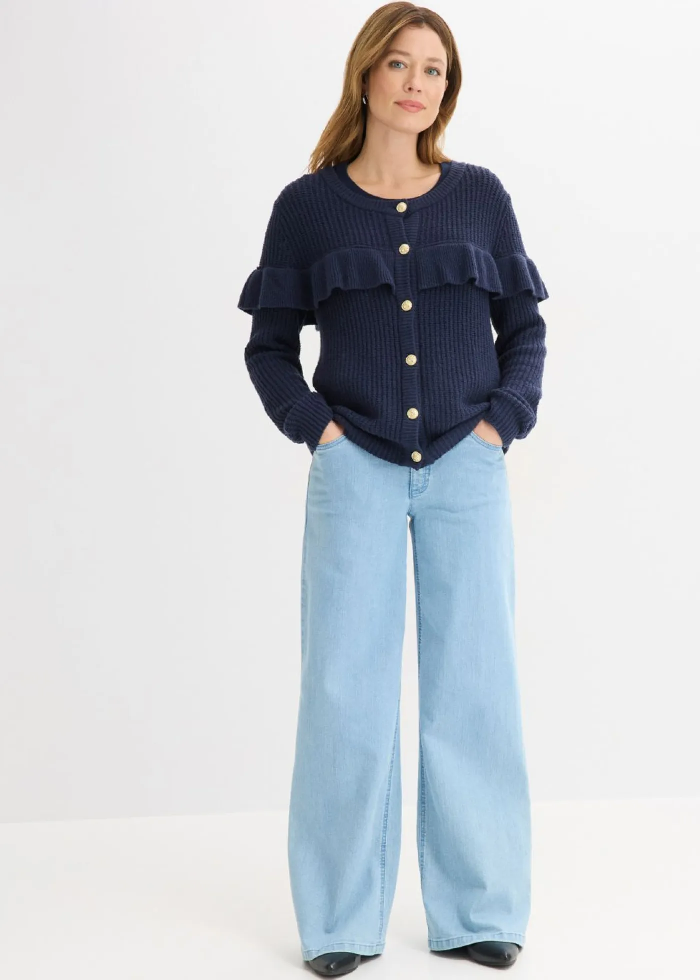 bonprix bonprix Jerséis|Ropa De Punto>Chaqueta de punto fino de mezcla de algodón Azul marino