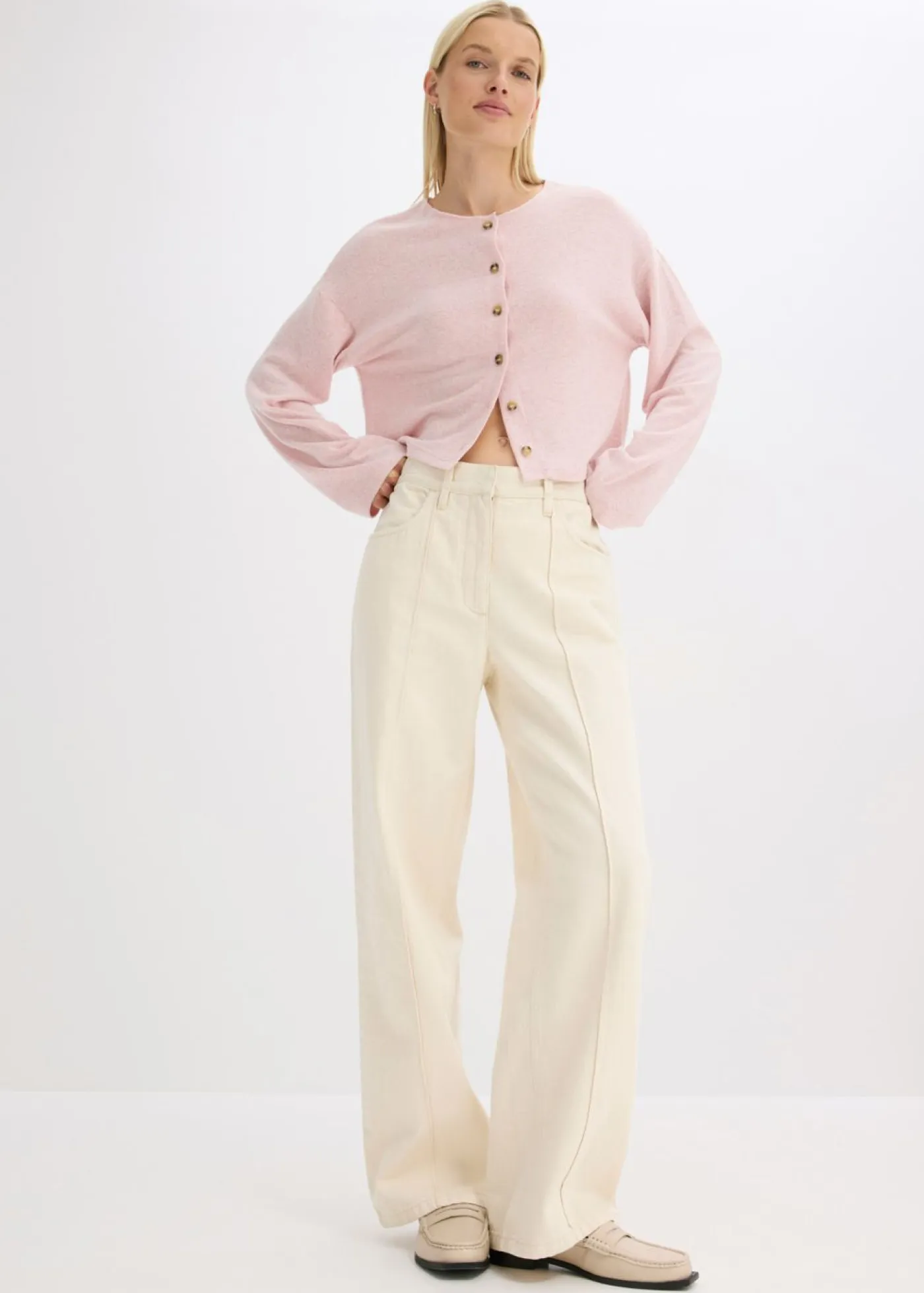 bonprix bonprix Jerséis|Ropa De Punto>Chaqueta de punto fino de canalé rosa ceniza moteado