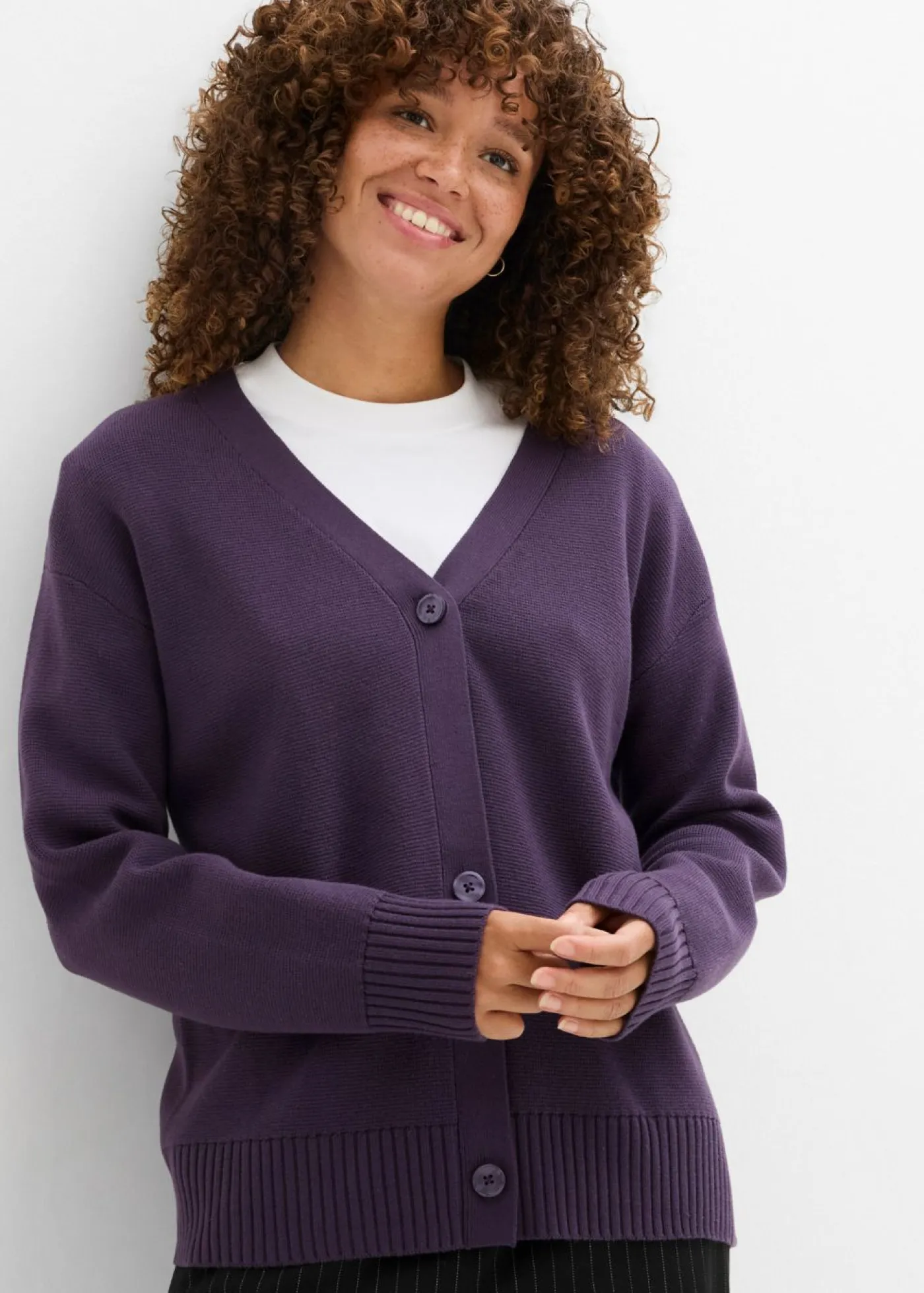 bonprix bonprix Básicos|Jerséis>Chaqueta de punto fino Milano de canalé Ciruela