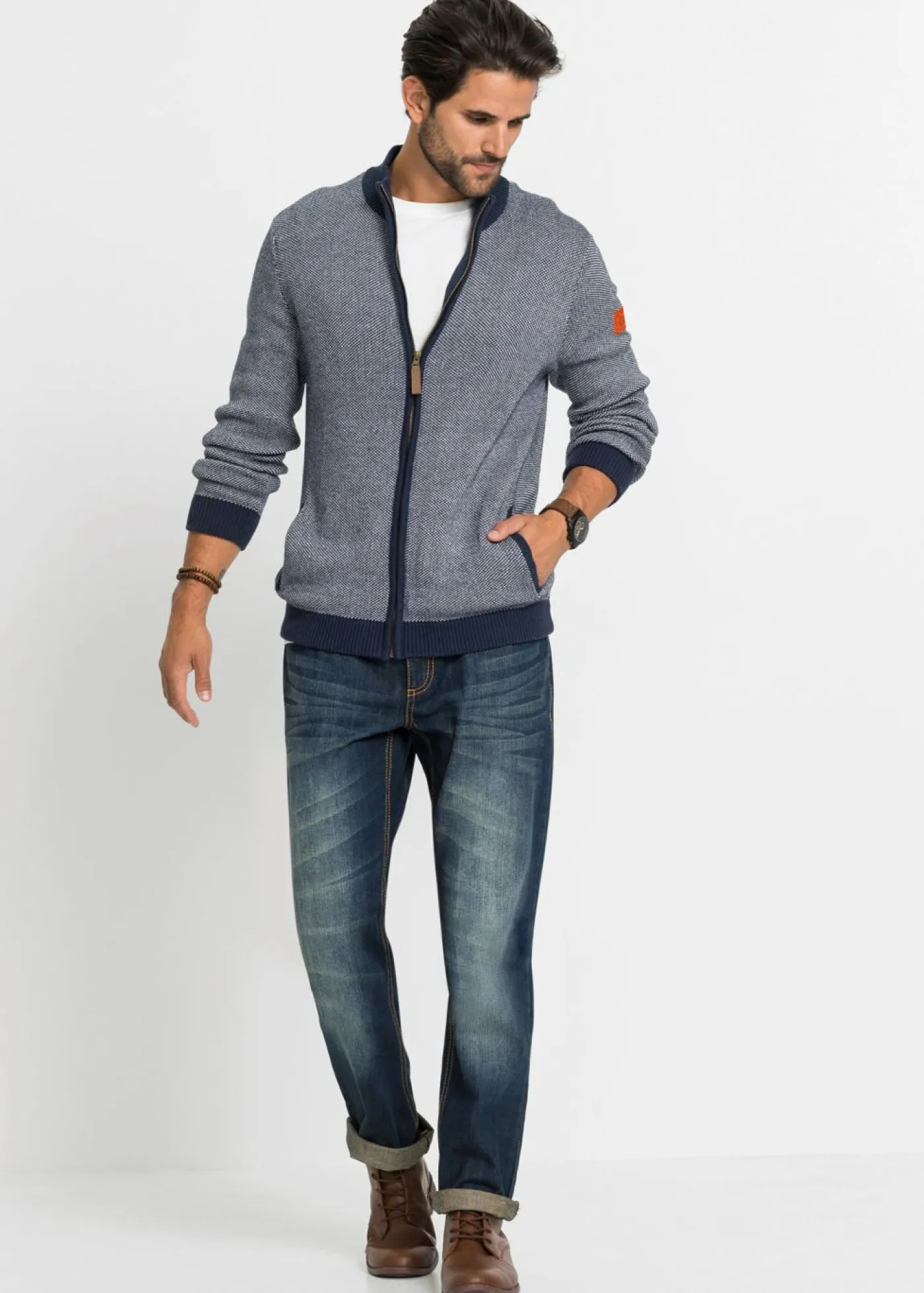 bonprix bonprix Jerséis Y Cárdigans>Chaqueta de punto grueso de algodón puro Azul marino jaspeado