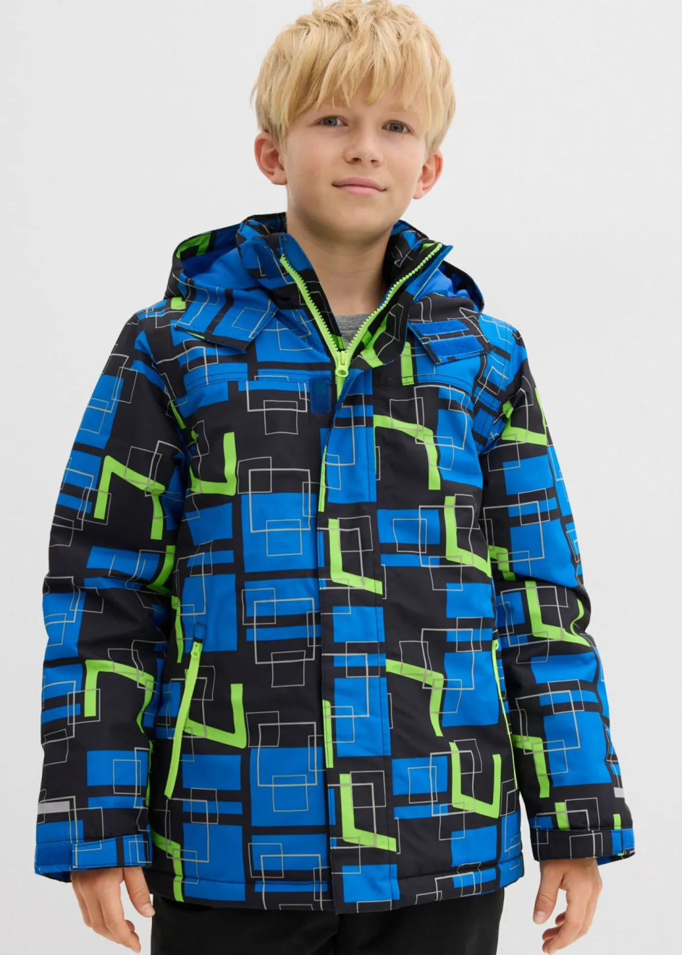 bonprix bonprix Ropa 9 A 16 Años·Chaquetas Y Ropa Outdoor>Chaqueta funcional impermeable con detalles reflectantes Negro/azur/verde neón con estampado gráfico