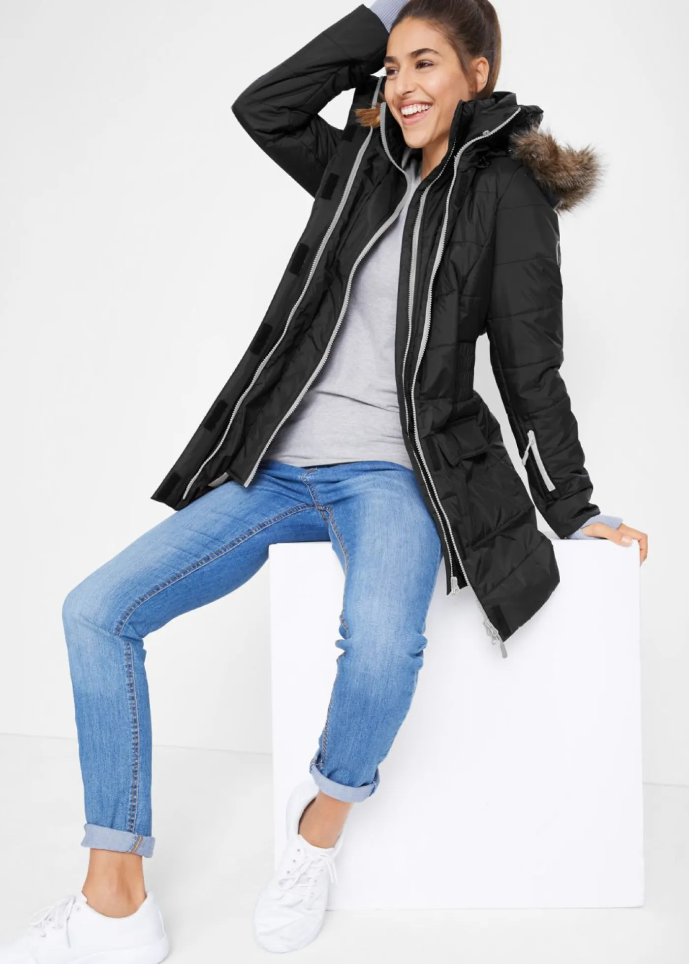 bonprix bonprix Chaquetas Y Abrigos>Chaqueta guateada larga funcional con aspecto 2 en 1, impermeable Negro