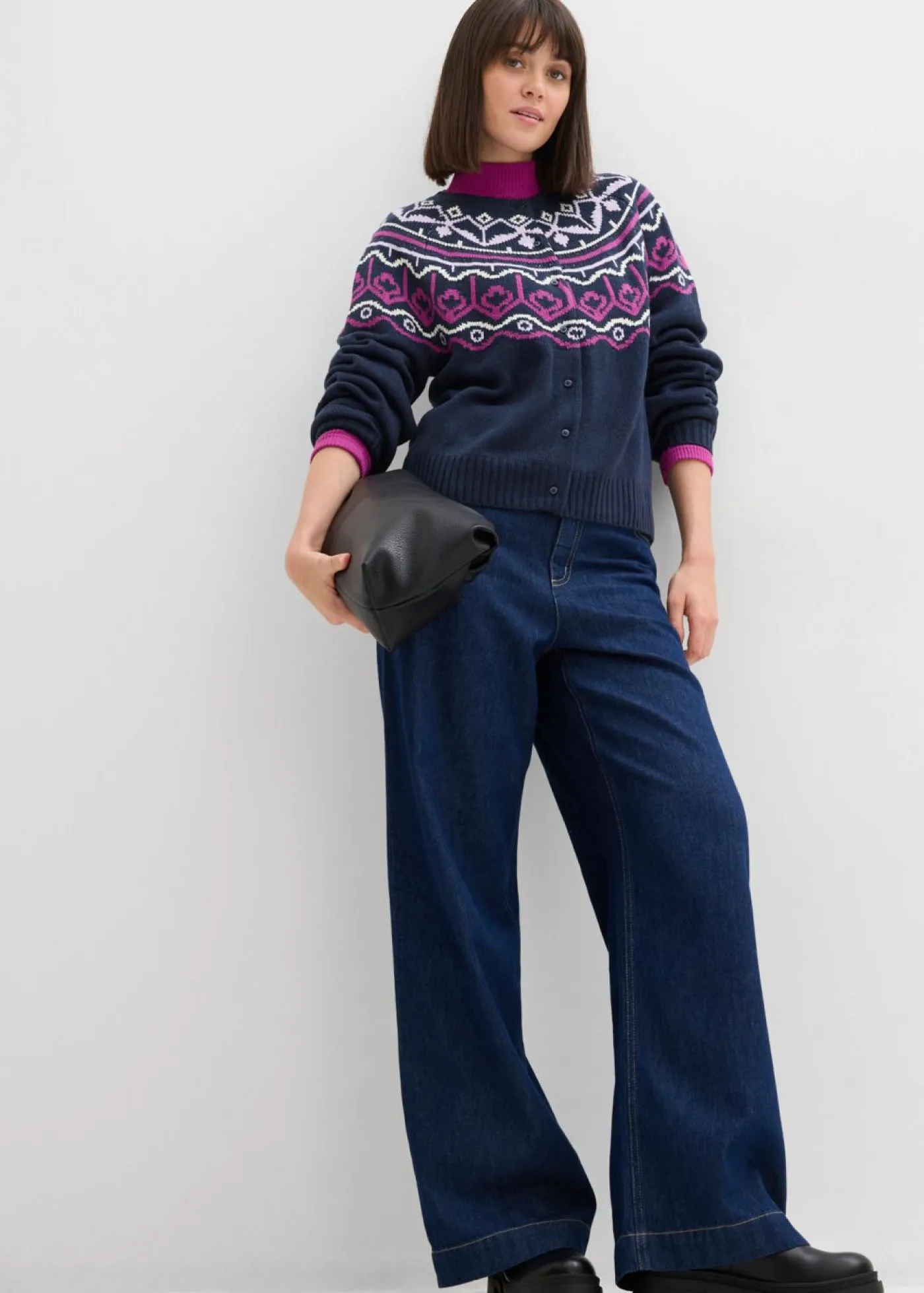 bonprix bonprix Jerséis>Chaqueta holgada de punto con patrón nórdico Azul marino