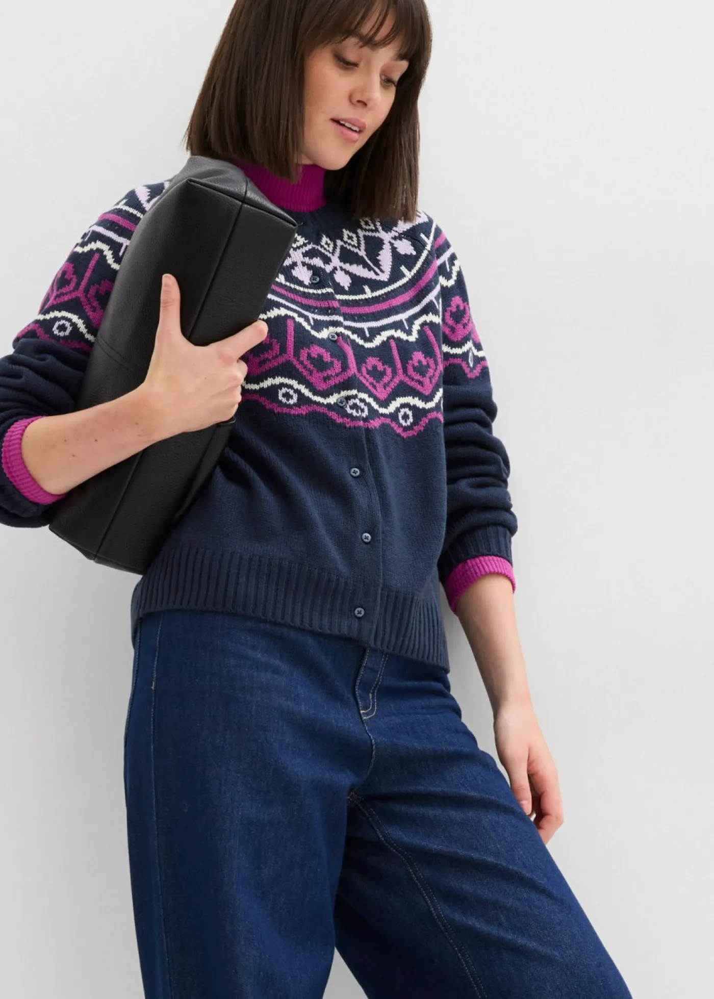 bonprix bonprix Jerséis>Chaqueta holgada de punto con patrón nórdico Azul marino