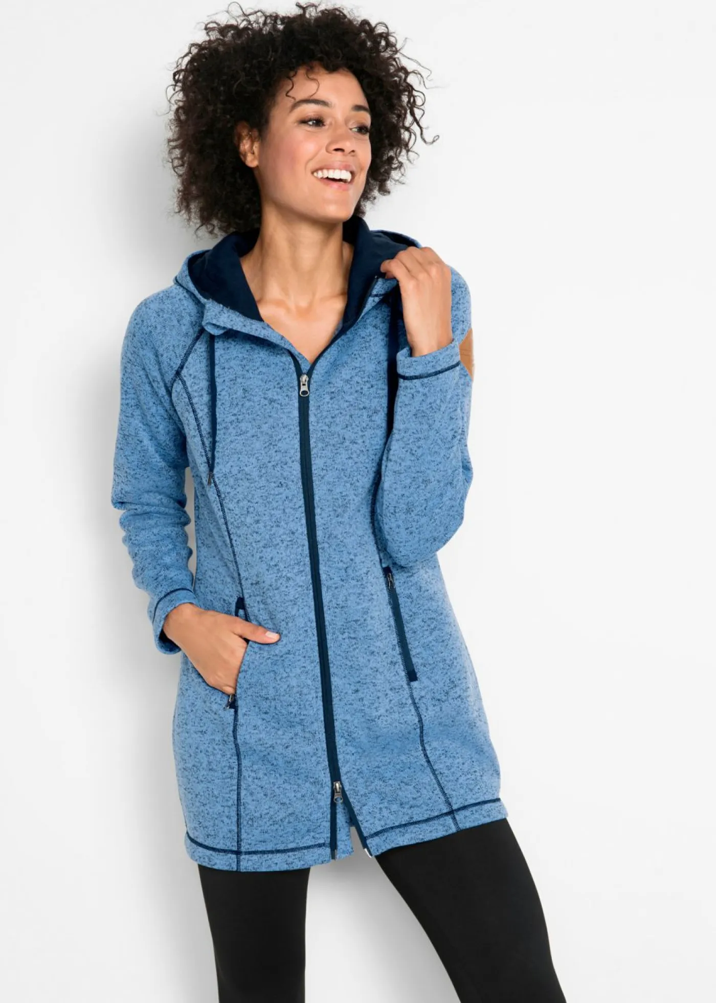 bonprix bonprix Ropa Cómoda|Chaquetas Y Abrigos>Chaqueta larga de forro polar con capucha Azul-azul oscuro jaspeado