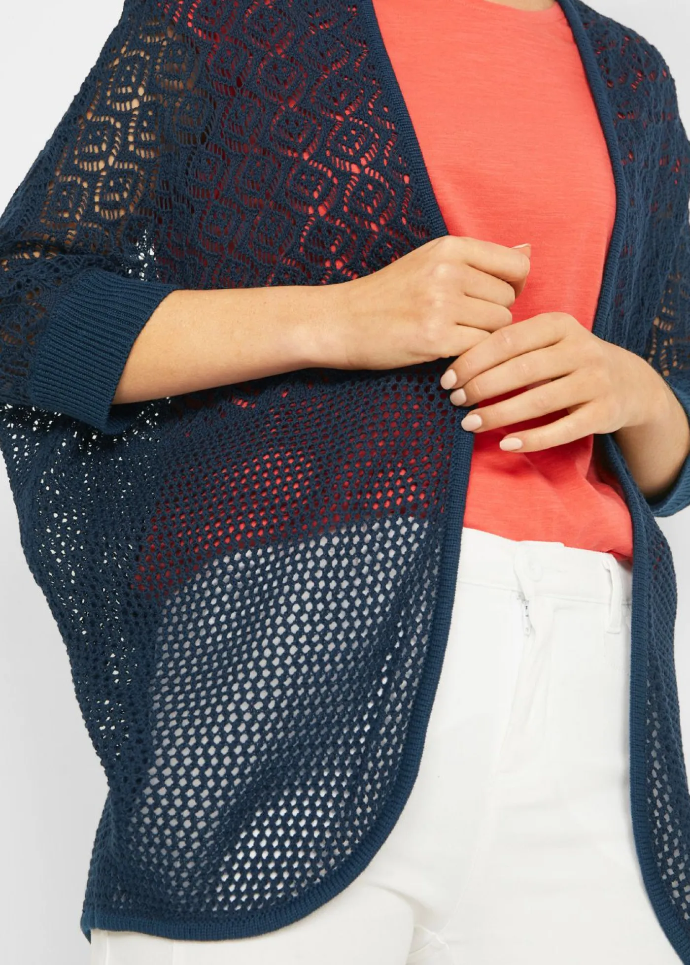 bonprix bonprix Jerséis|Ropa De Punto>Chaqueta larga de punto con patrón calado Azul marino