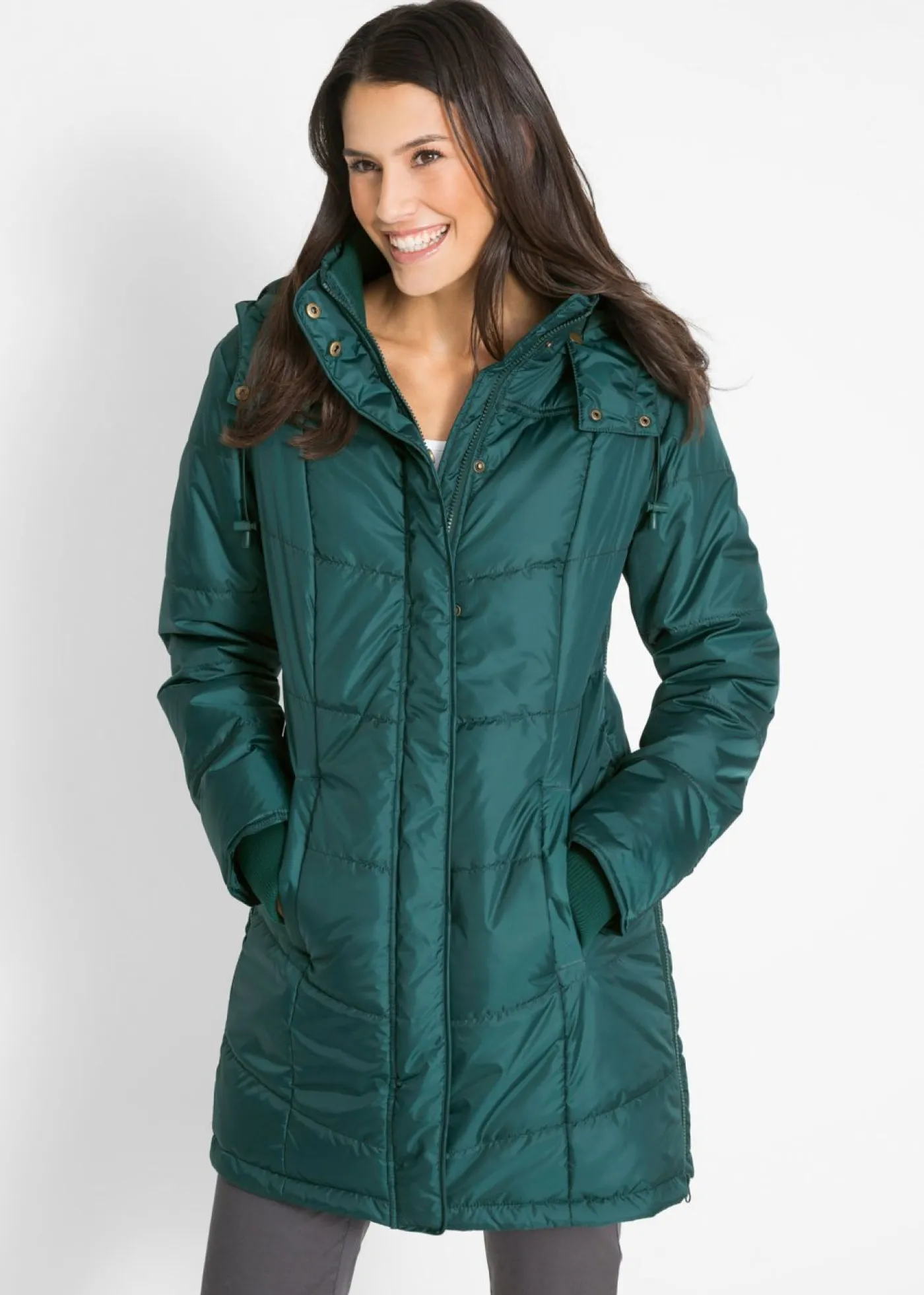 bonprix bonprix Chaquetas Y Abrigos>Chaqueta larga guateada con cuello y capucha Verde petróleo