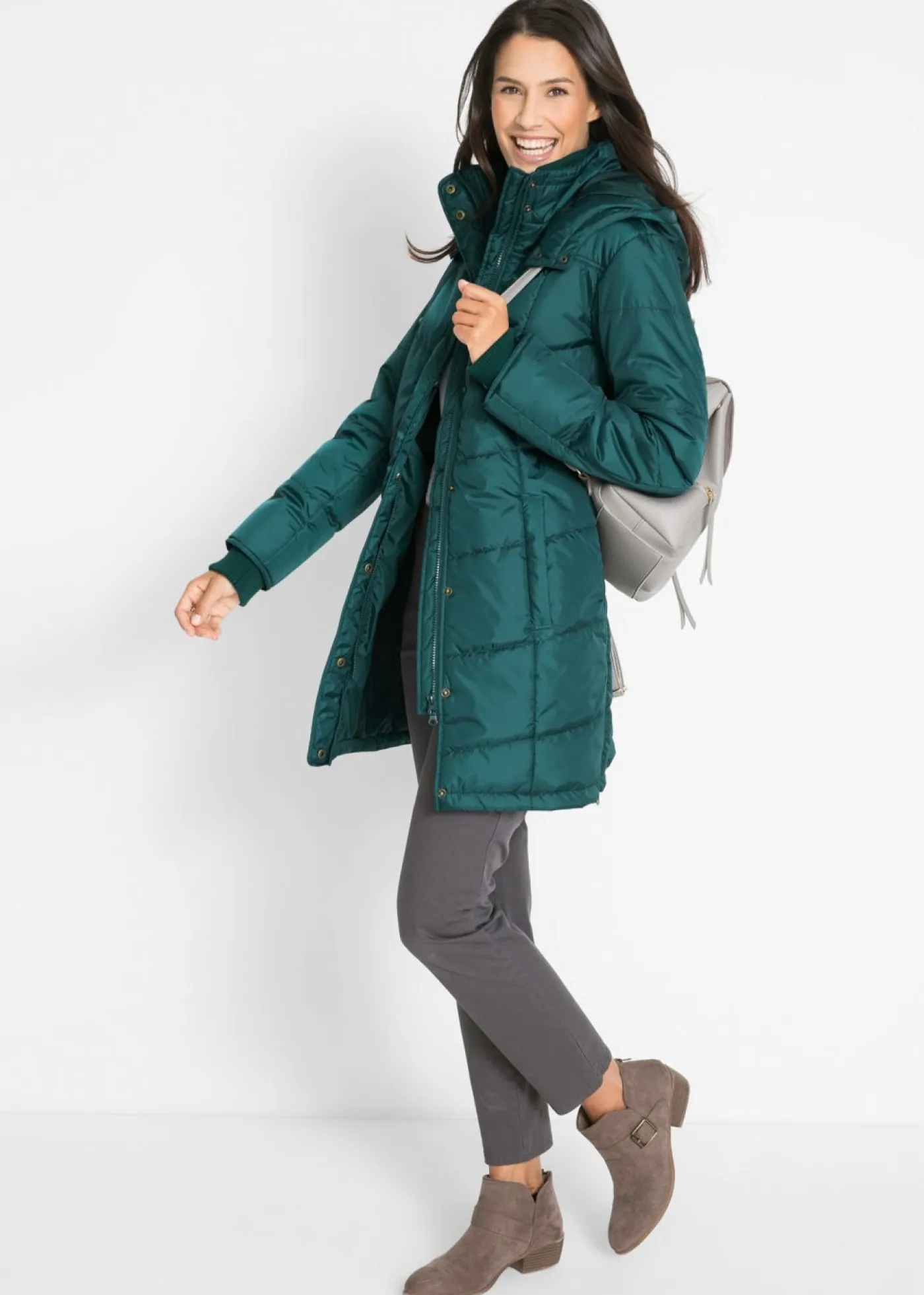 bonprix bonprix Chaquetas Y Abrigos>Chaqueta larga guateada con cuello y capucha Verde petróleo